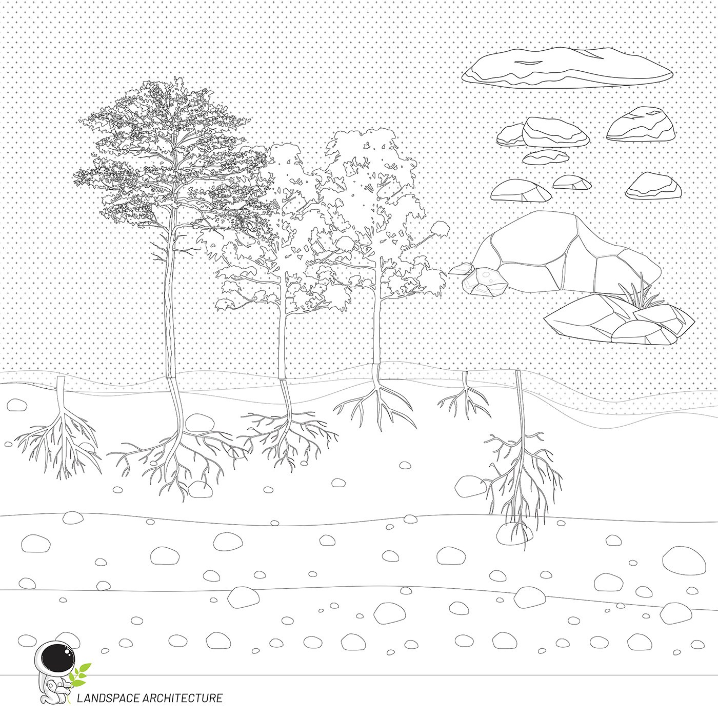 Rocas y raíces del paquete de recursos gráficos de ilustración de paisaje vectorial
