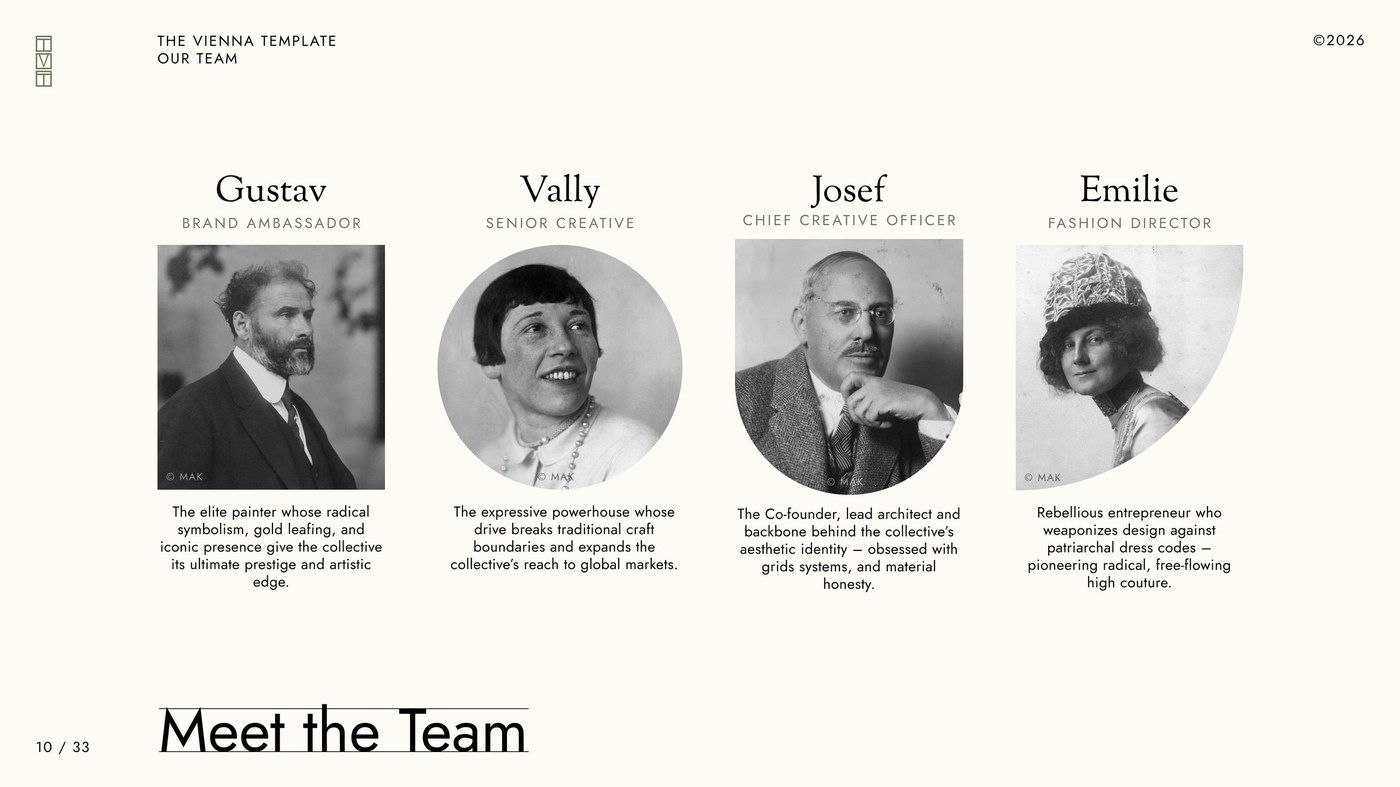 Meet the Team slide reimagining Gustav Klimt, Vally Wieselthier, Josef Hoffmann, and Emilie Flöge as agency directors