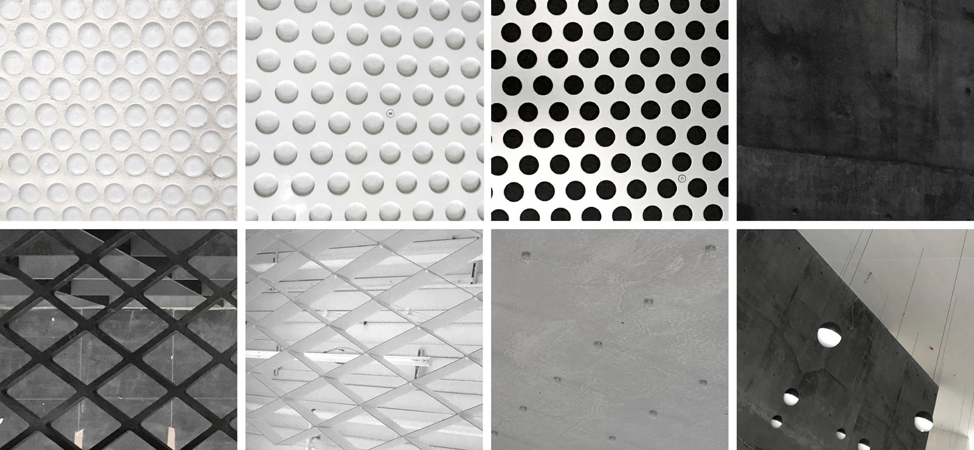 Material palette studies of metal panels and concrete informing spatial design by Silo