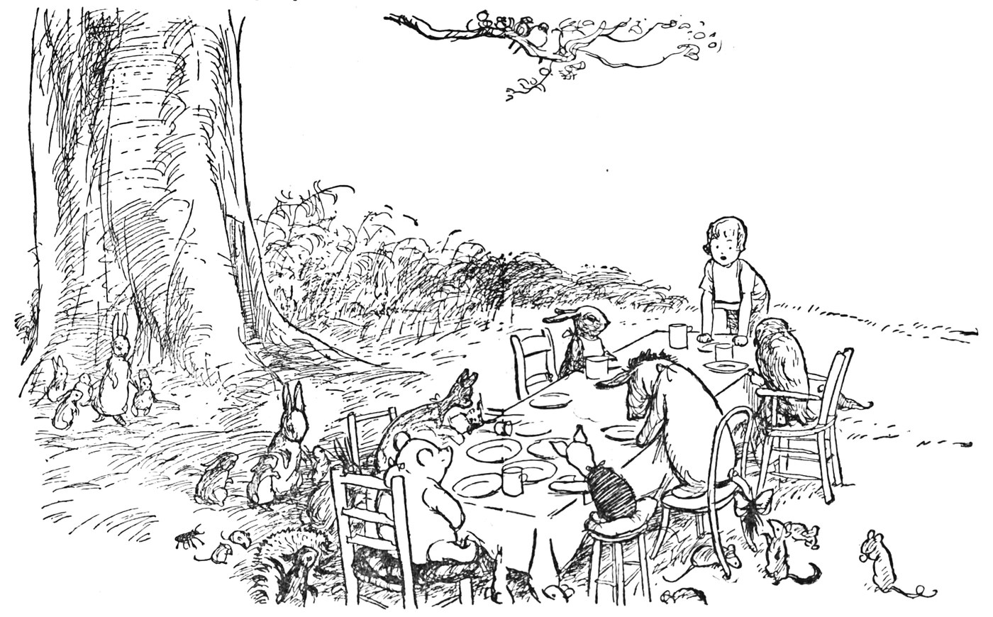 A Pooh Party banquet scene pen-and-ink storybook illustration by E.H. Shepard