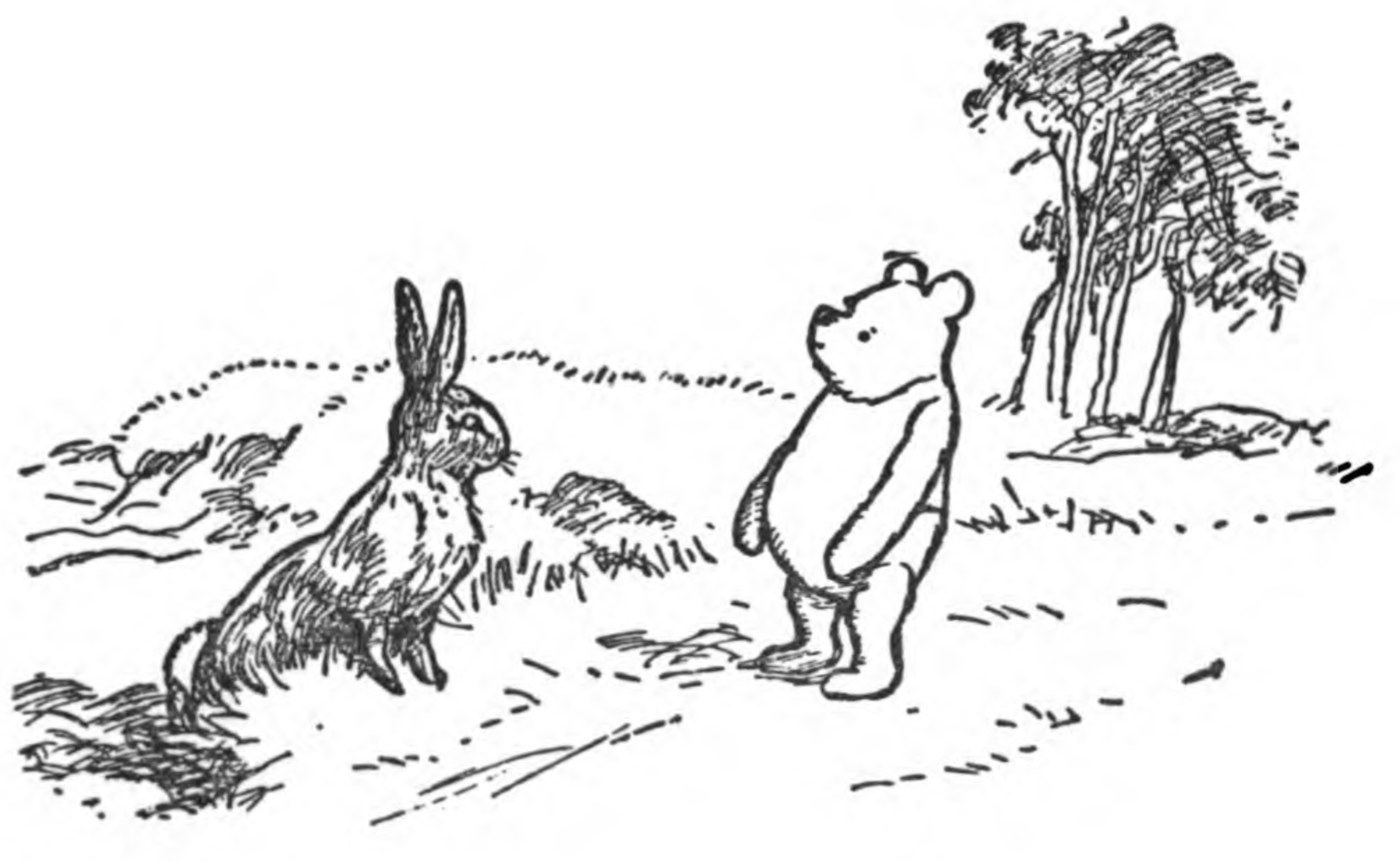 Winnie-the-Pooh inspecting his earthenware honey jar line drawing illustration by E.H. Shepard