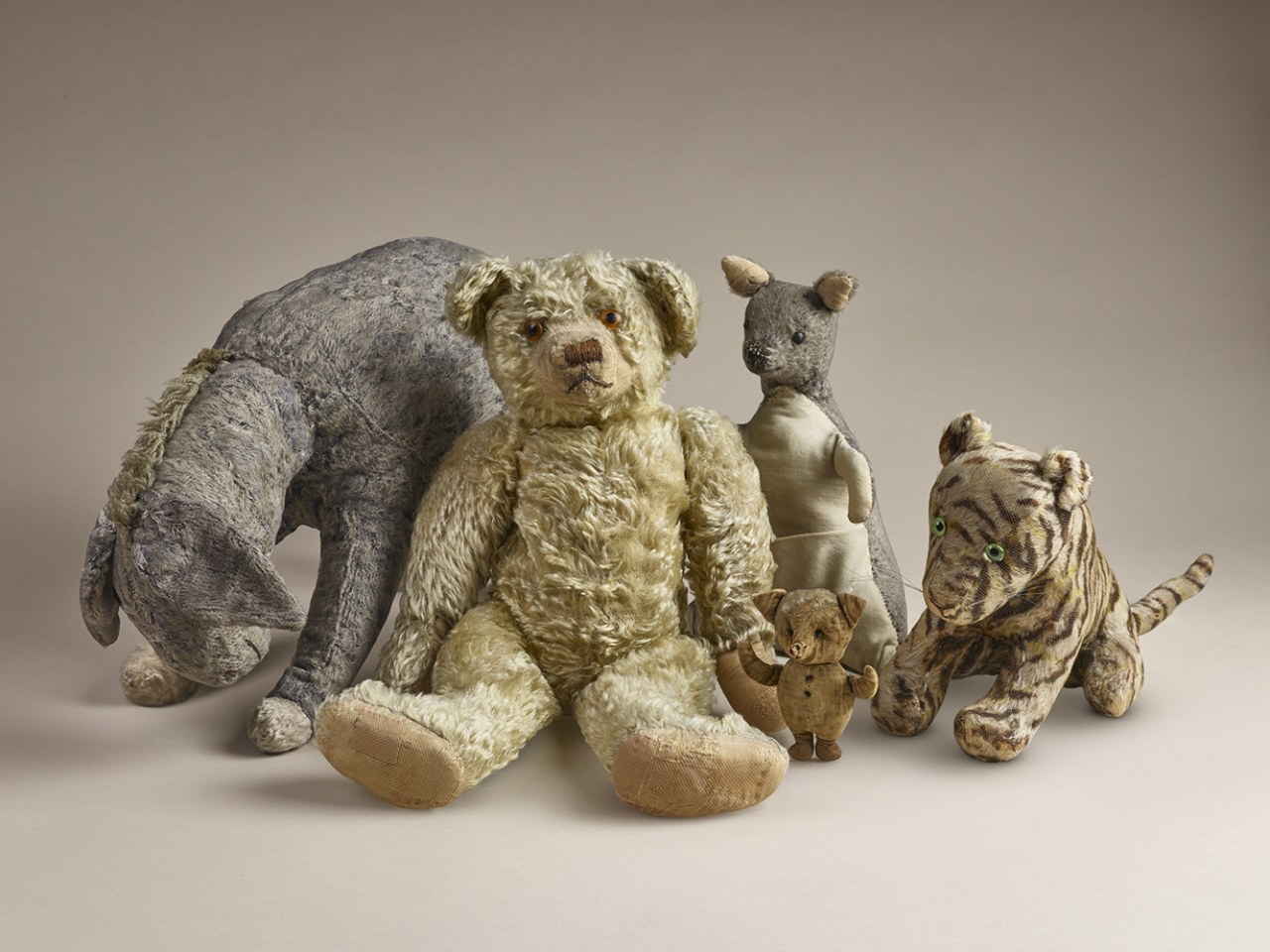 The original 1920s Winnie-the-Pooh plush stuffed animals on display at The New York Public Library