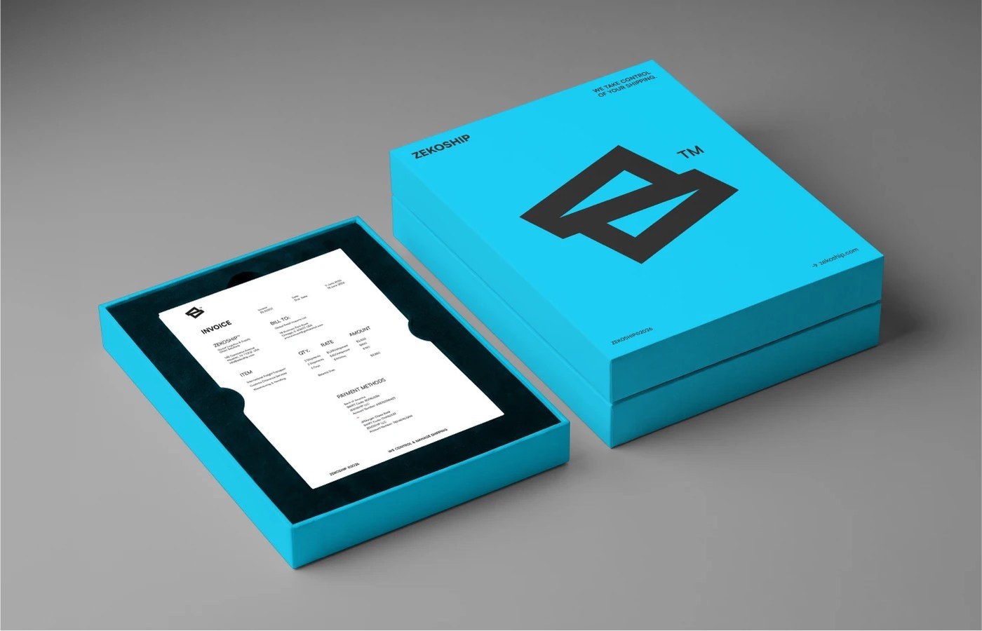 Electric cyan presentation box with die-cut velvet insert holding client invoices and shipping paperwork
