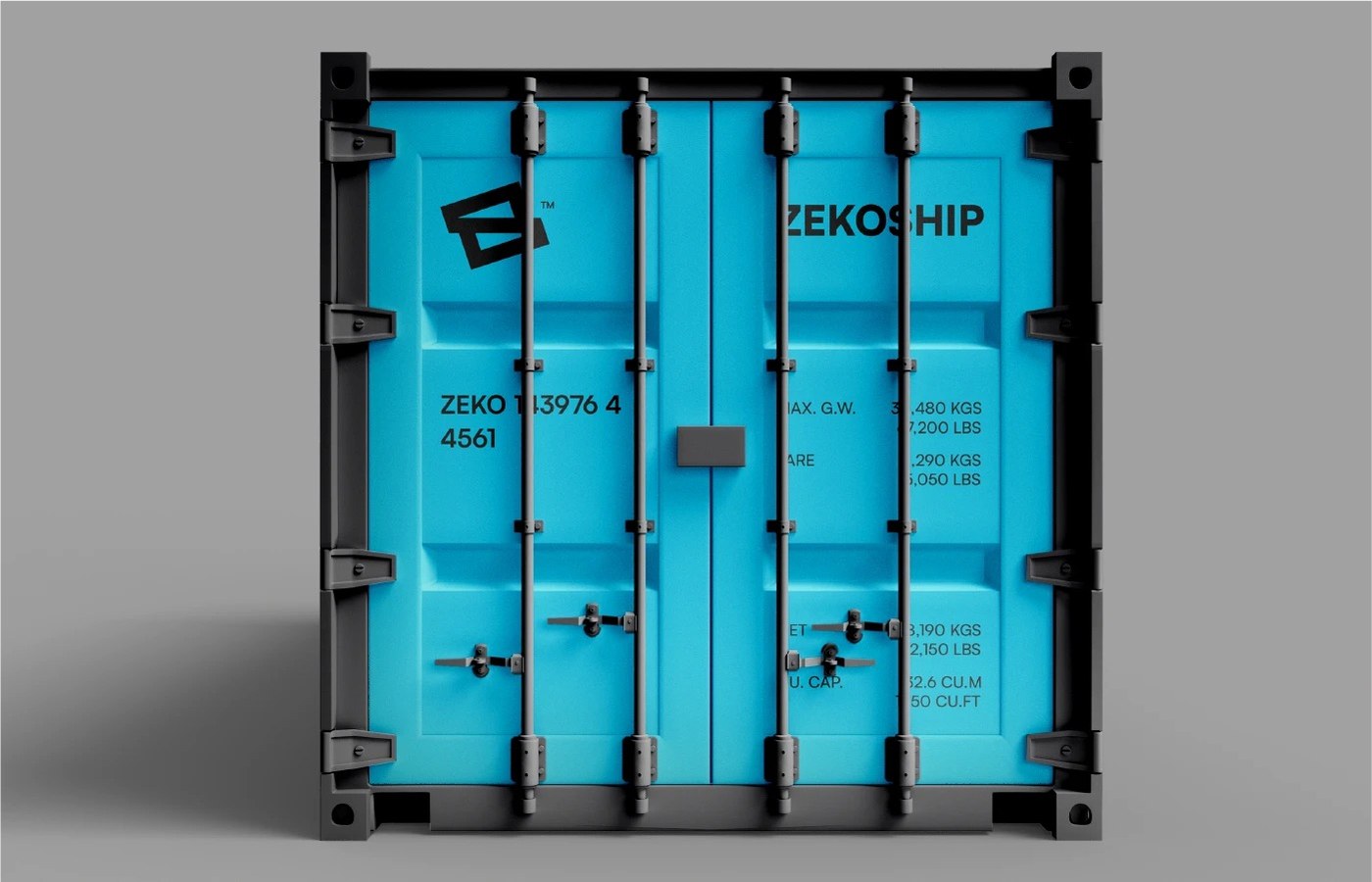 Electric cyan intermodal freight shipping container rear door with steel lock rods and stenciled logistics telemetry