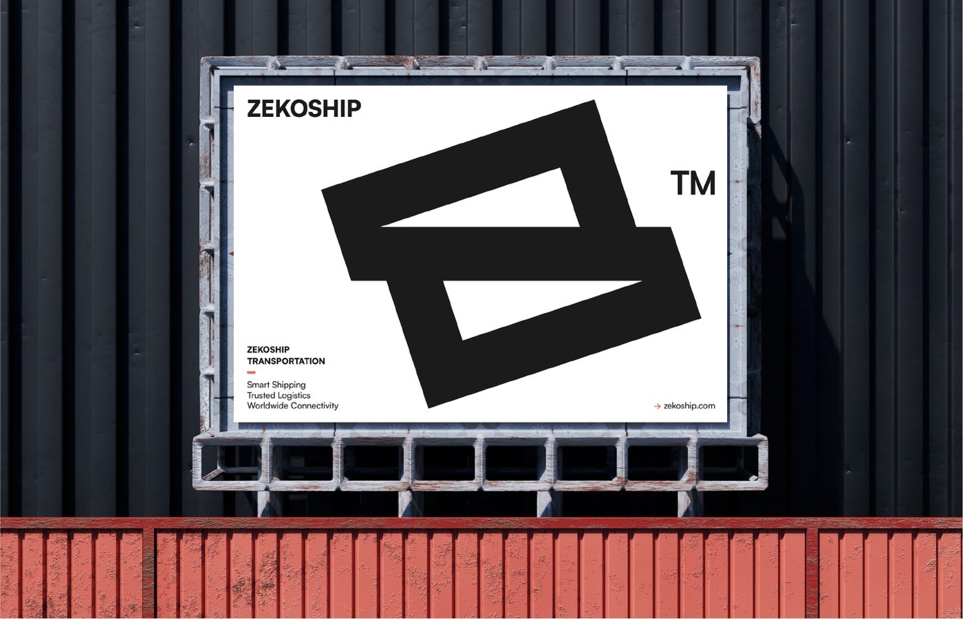 Weathered industrial metal shipping container billboard framing massive ZEKOSHIP symbol and logistics manifesto