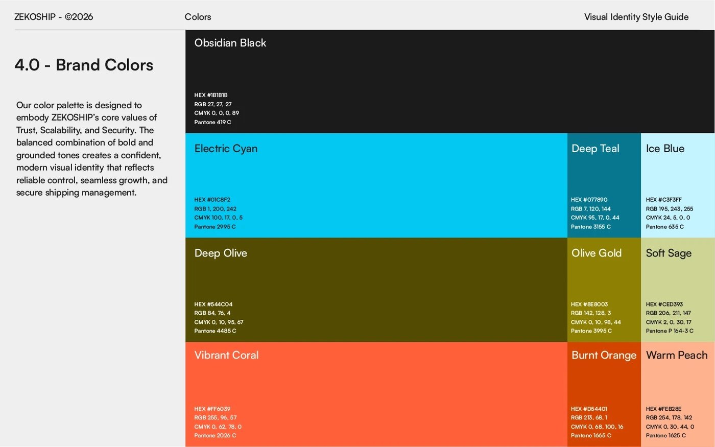 Brand color palette guidelines displaying Obsidian Black, Electric Cyan, Deep Olive, and Vibrant Coral Pantone values