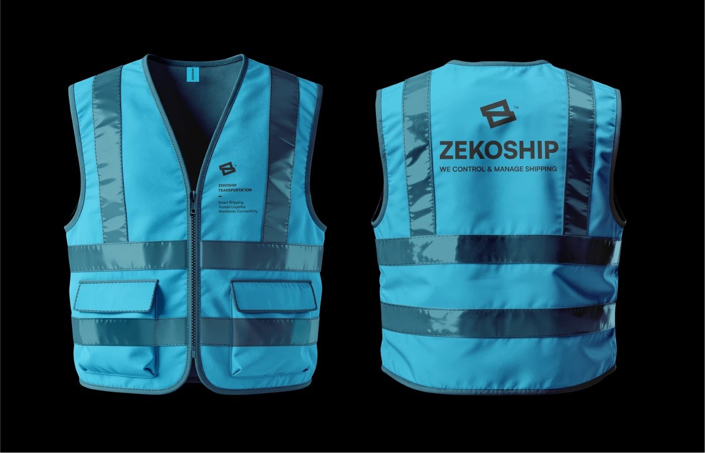 Field logistics high-visibility safety vests with reflective bands, cargo pockets, and back ZEKOSHIP branding