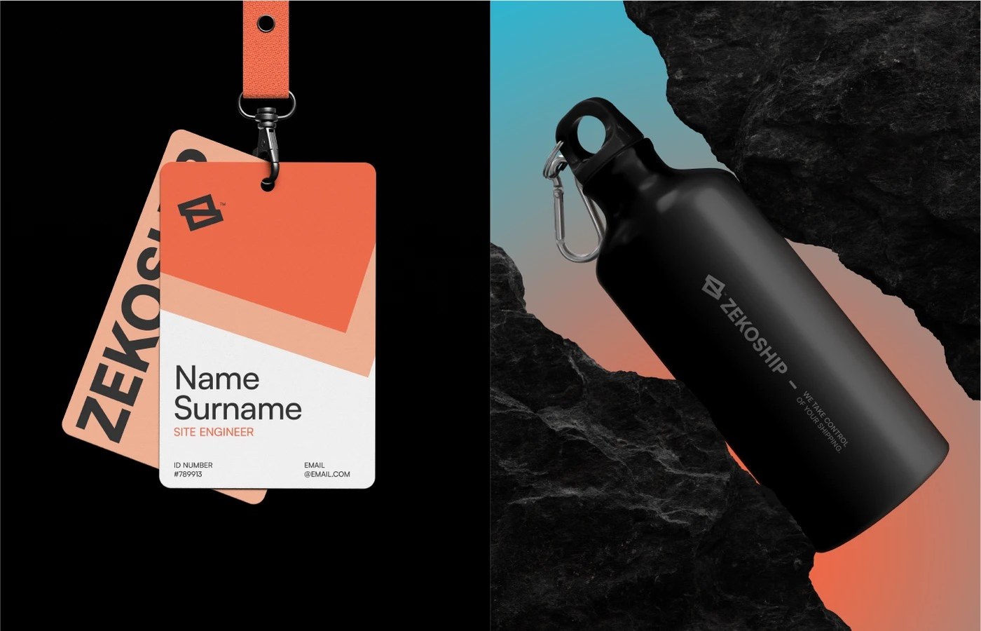 Site engineer lanyard credential badge alongside matte black aluminum canteen flask on raw volcanic rock