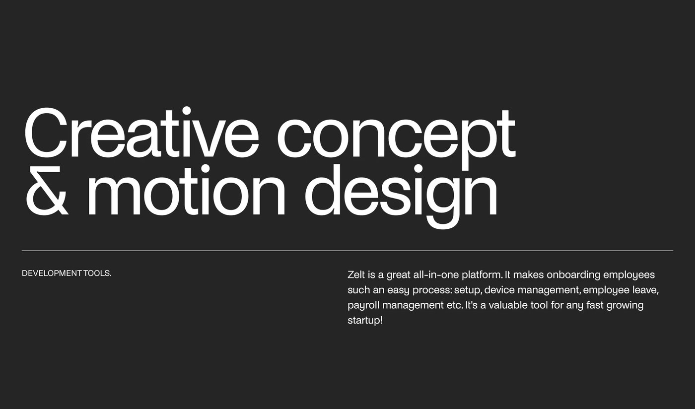 Zelt web design creative concept and motion design title slide on charcoal ground