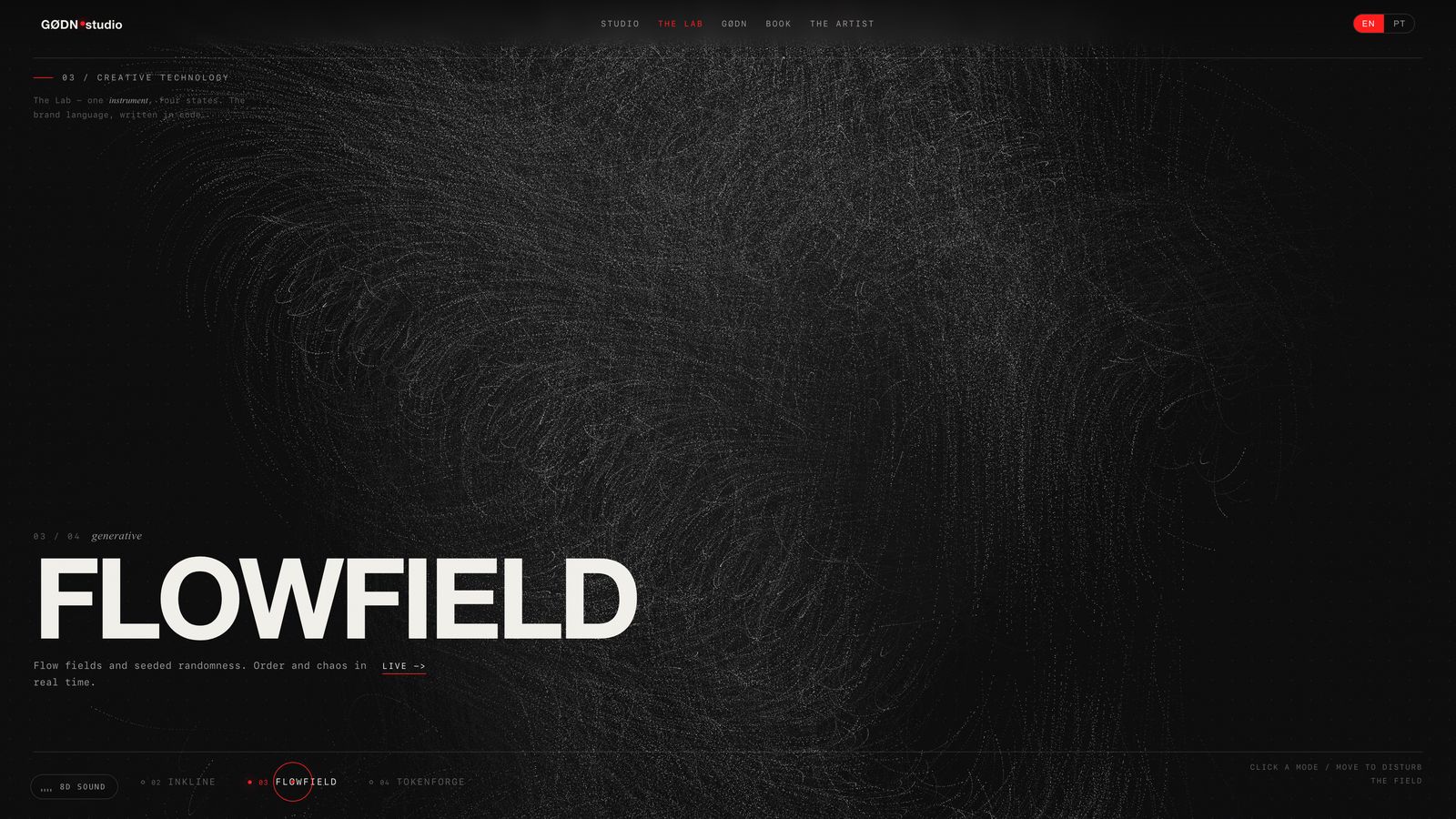 Flowfield generative particle motion in GØDN.studio interactive web design
