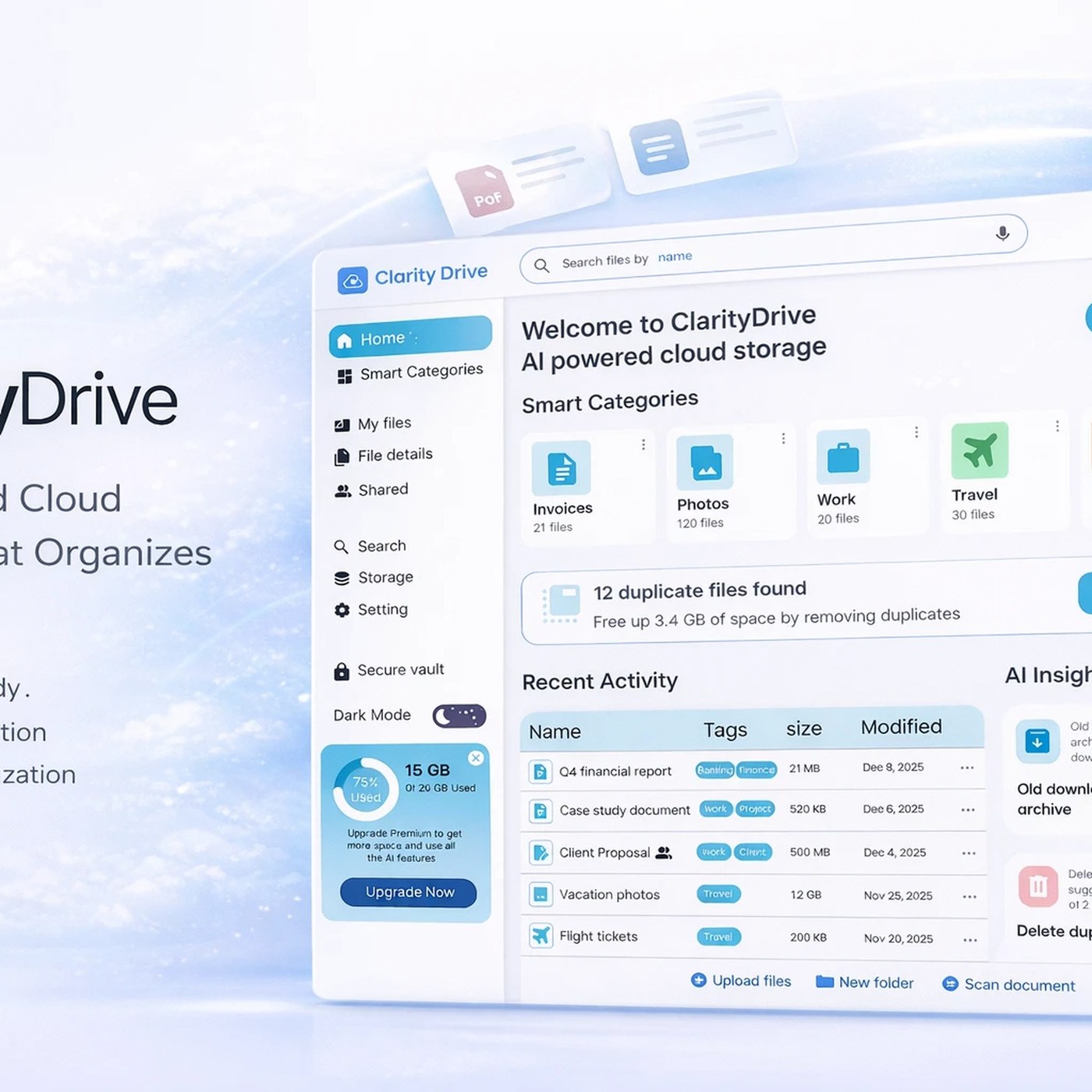 ClarityDrive: Yapay Zeka Destekli Bulut Depolama Arayüz Tasarımı