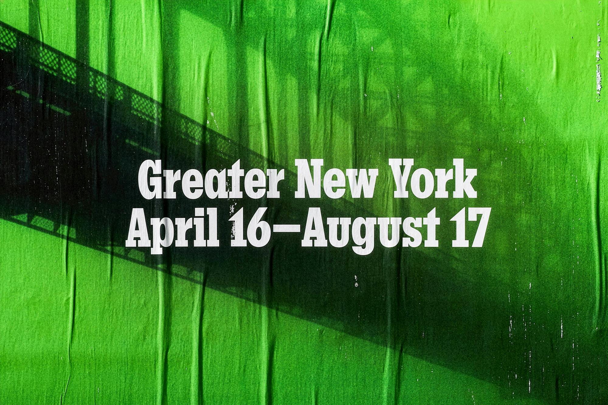 Duotone green poster panel for Greater New York, April 16 to August 17, showing a bridge at dusk with pasted paper texture