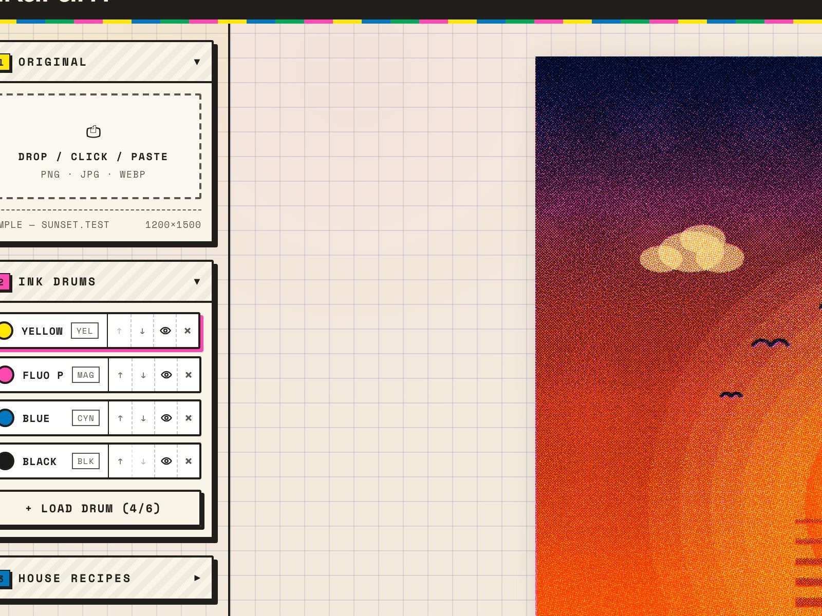 INKDRUM Risograph print simulator top controls and color drum pickers