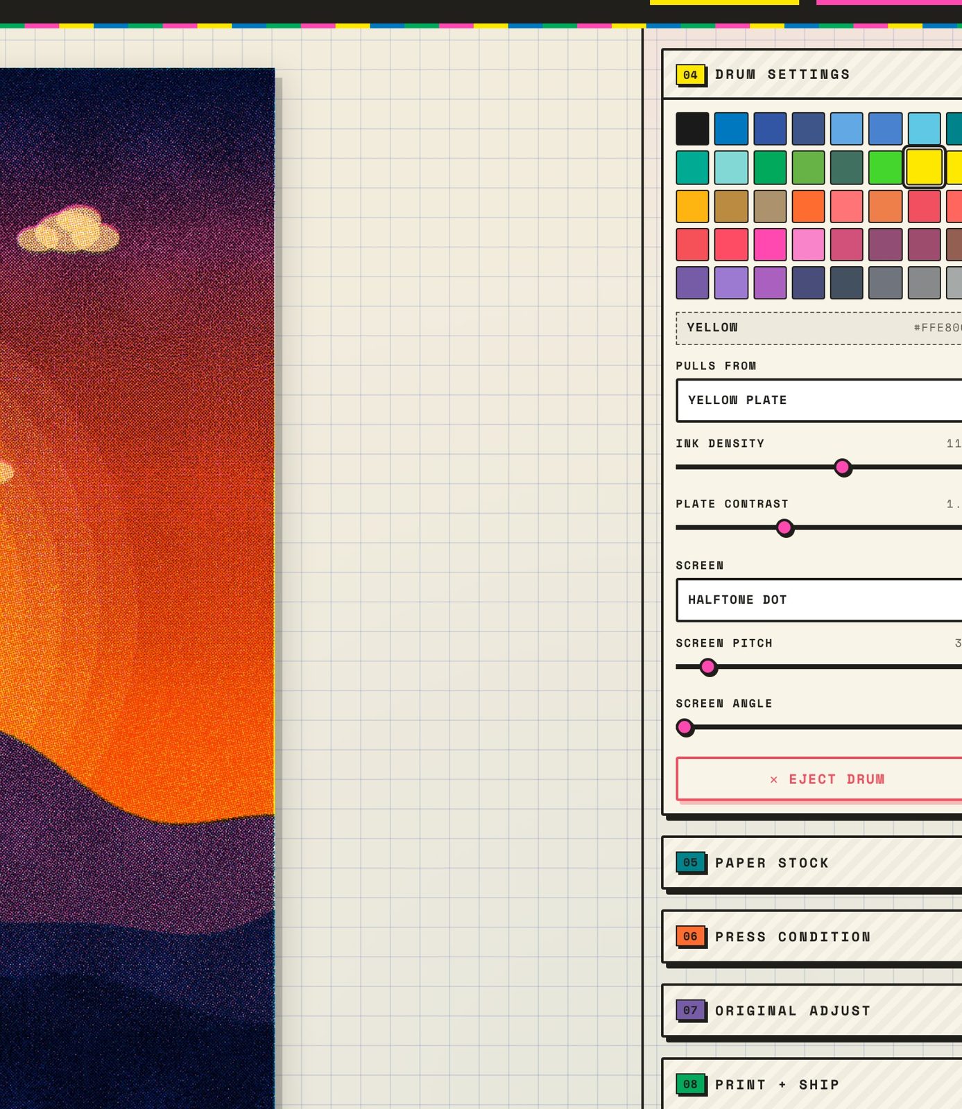 INKDRUM Risograph print simulator layer controls and texture settings