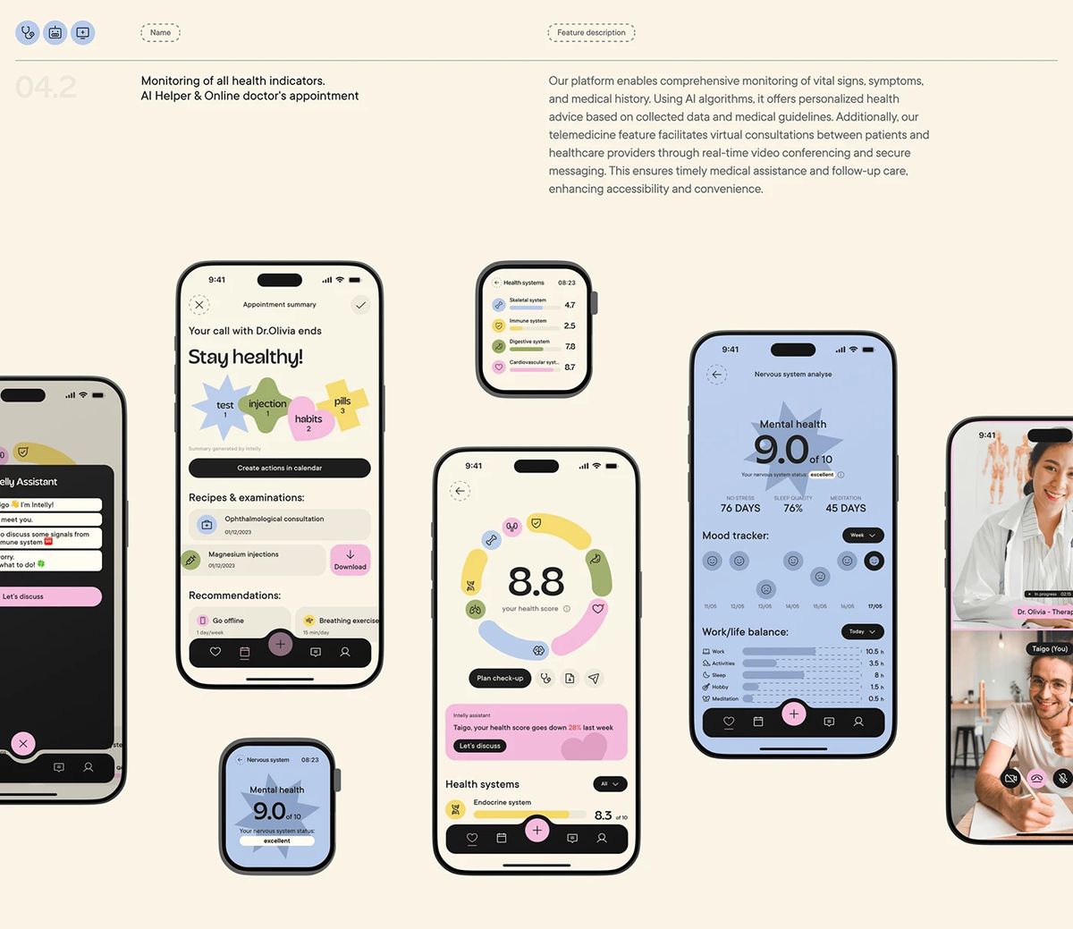 Maqueta móvil de aplicación Intelly Healthcare Diseño de interfaz de usuario de signos vitales