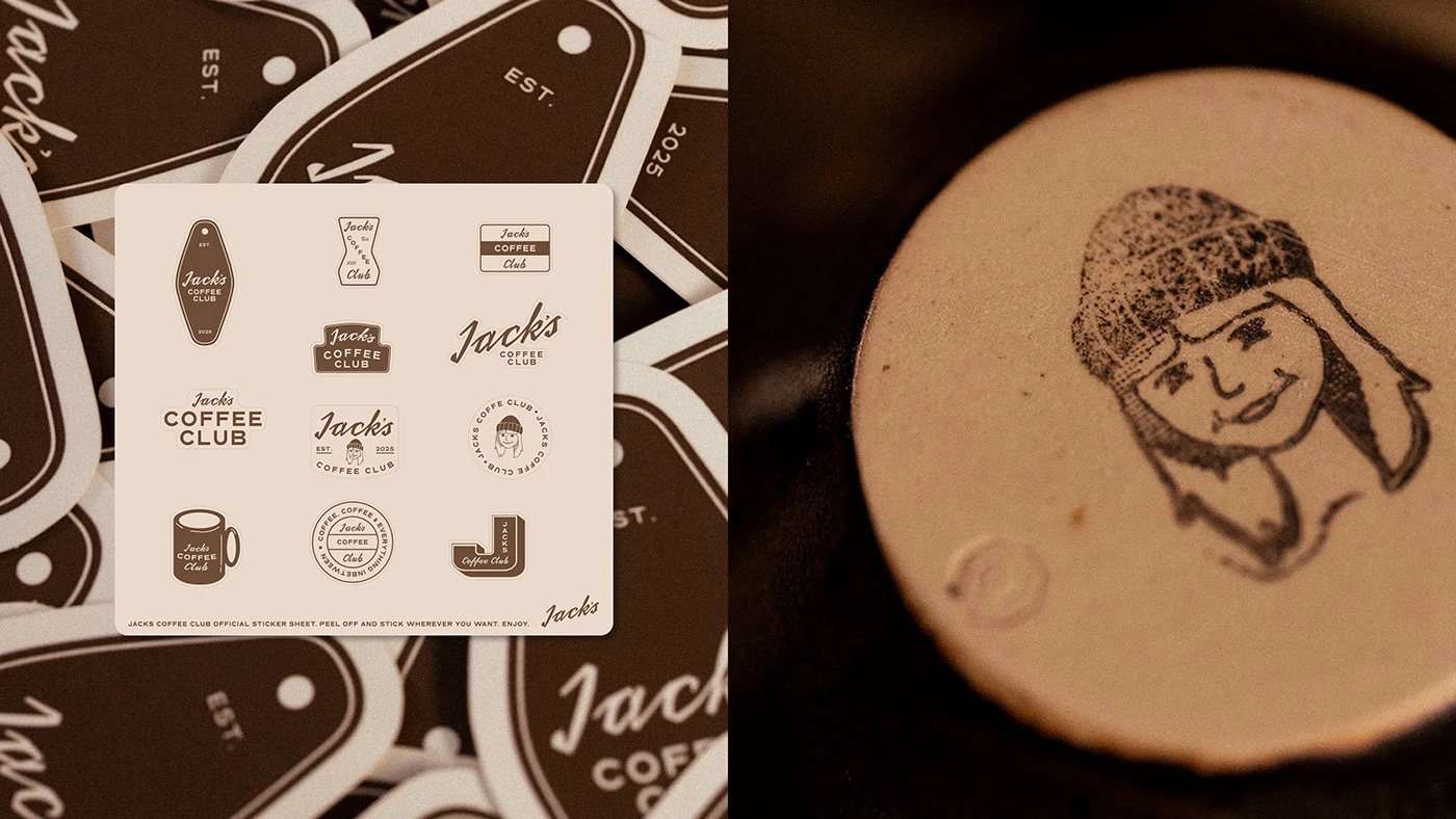 Jacks Coffee Club branding sticker sheet and motel key tag details