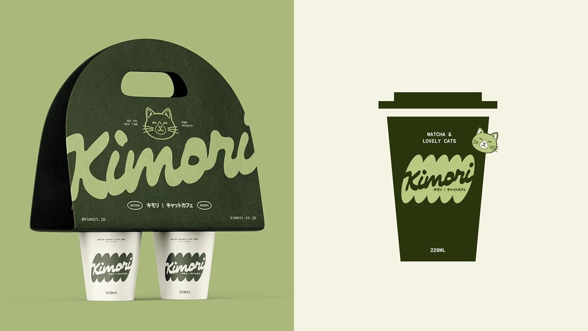 Kimori matcha cat cafe tipografía diseño detalle marca