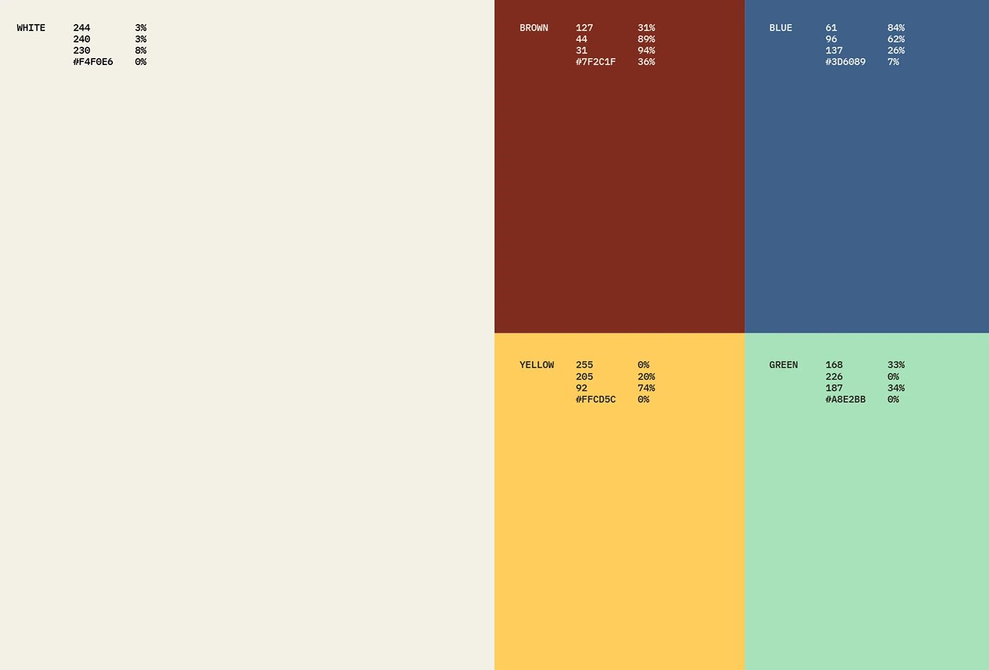 KORBA architectural studio branding color palette grid with RGB CMYK codes