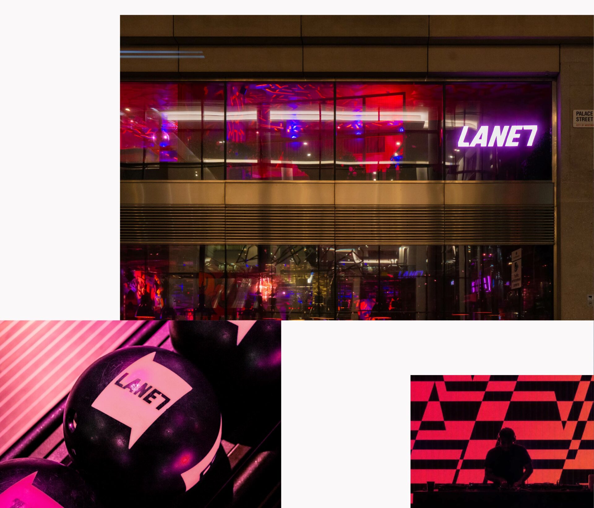 Lane7 branding venue exterior and branded bowling equipment