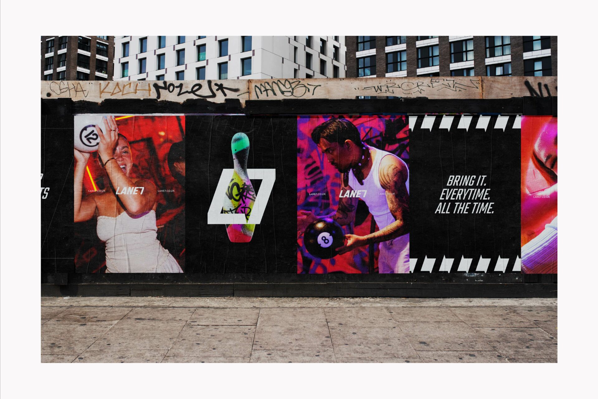 Lane7 branding neon signs and gaming interior atmosphere