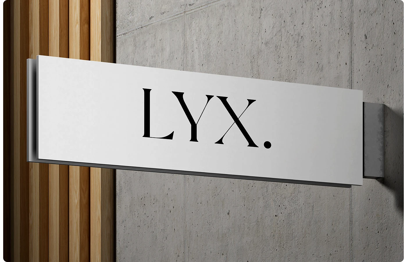 LYX branding cantilevered brushed metal exterior signage blade