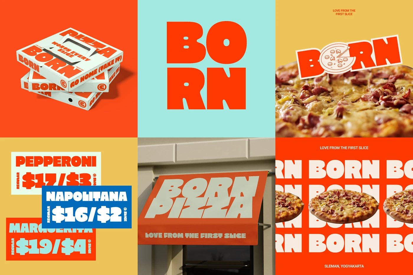 Maltique extra bold chunky sans typography pizza brand identity collateral grid