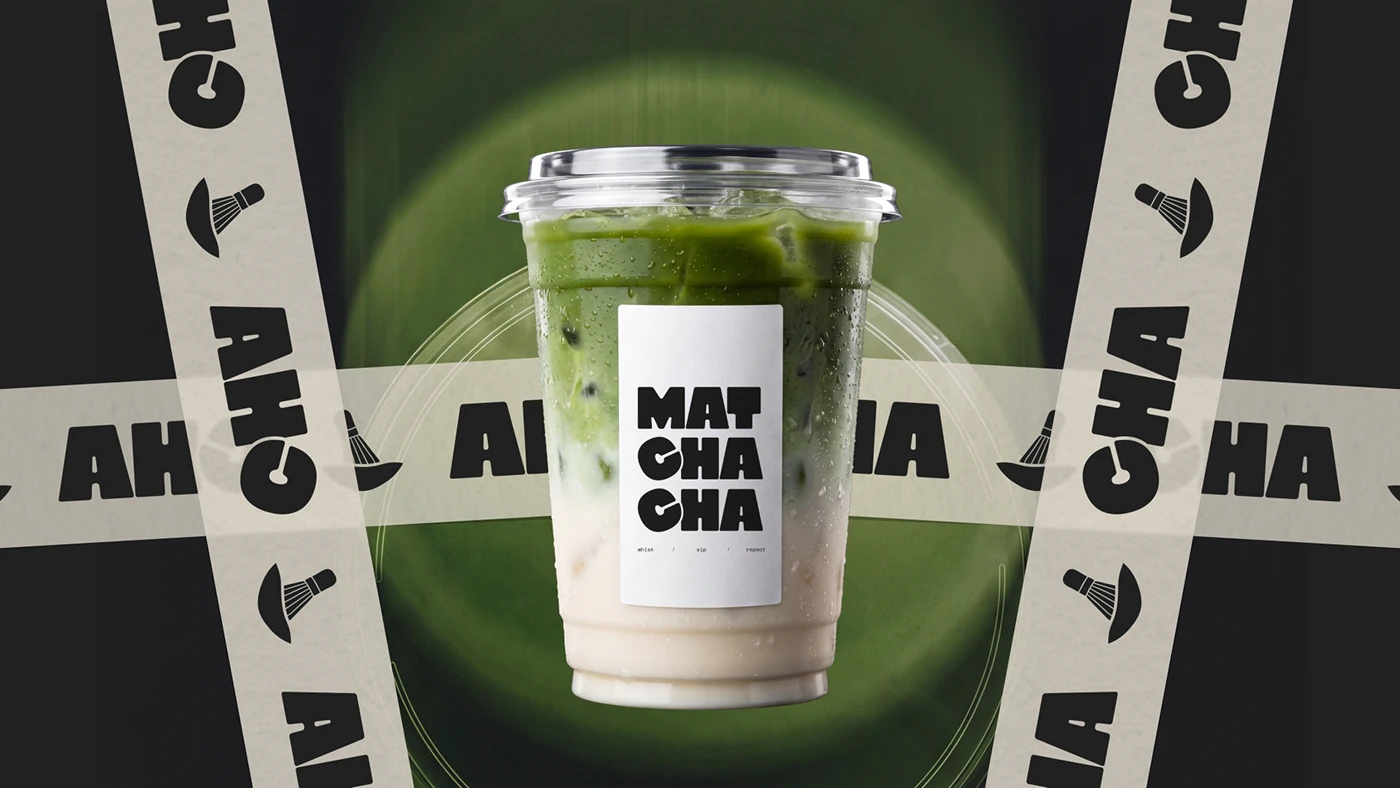 Matchacha branding iced tea cup with custom logo tape