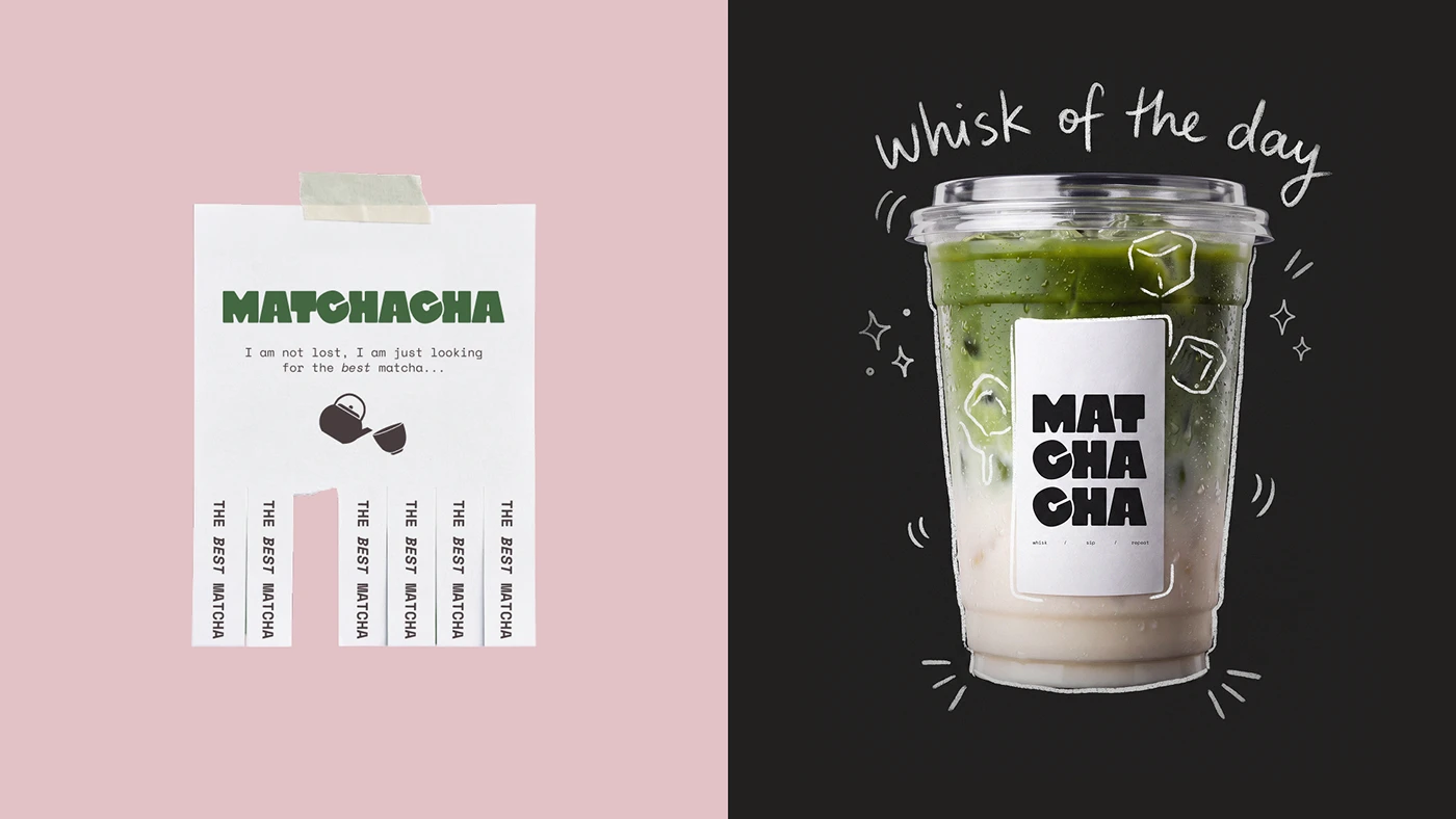 Matchacha branding iced tea cup and printed poster note