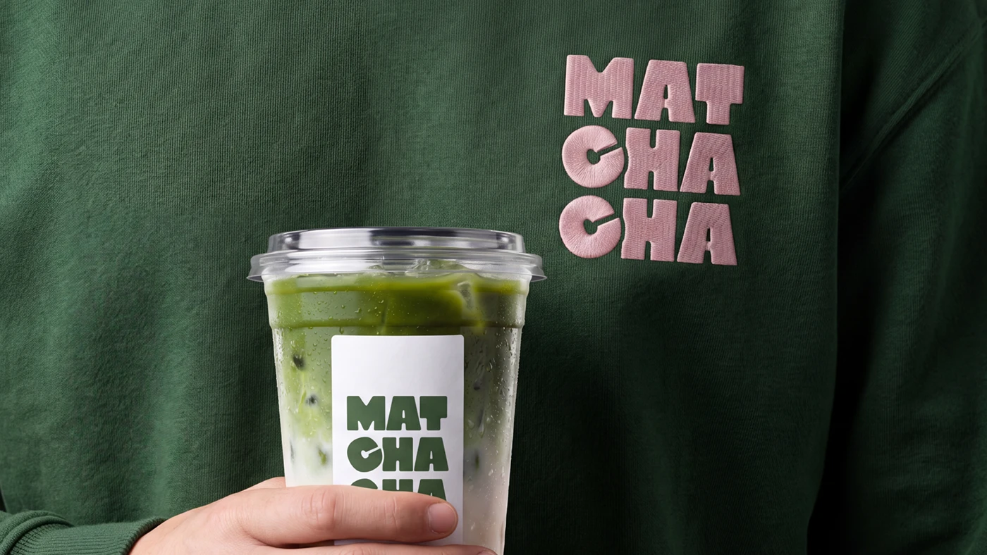 Matchacha branding embroidered sweatshirt logo and tea cup