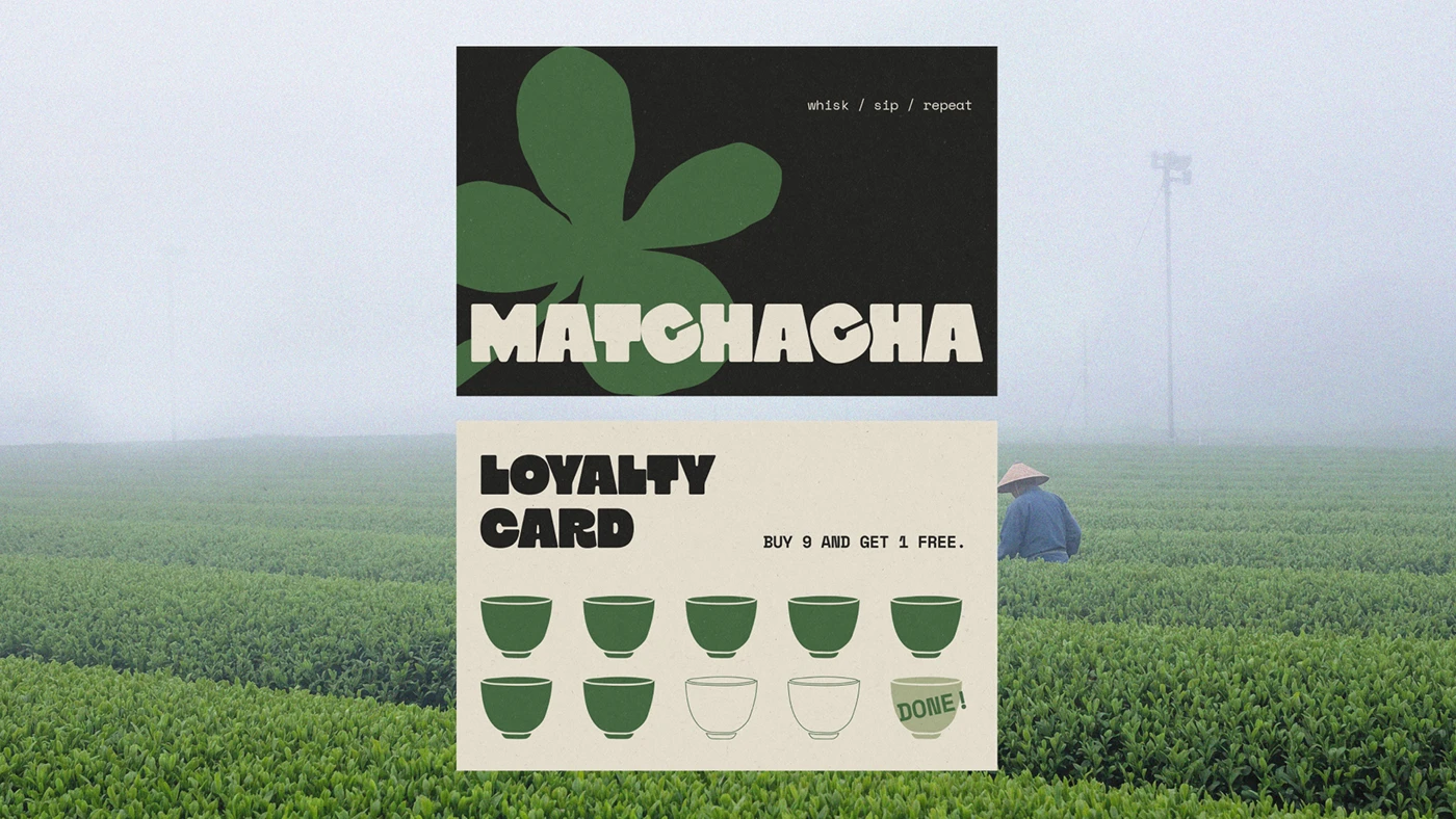 Matchacha branding loyalty card with tea farm photograph