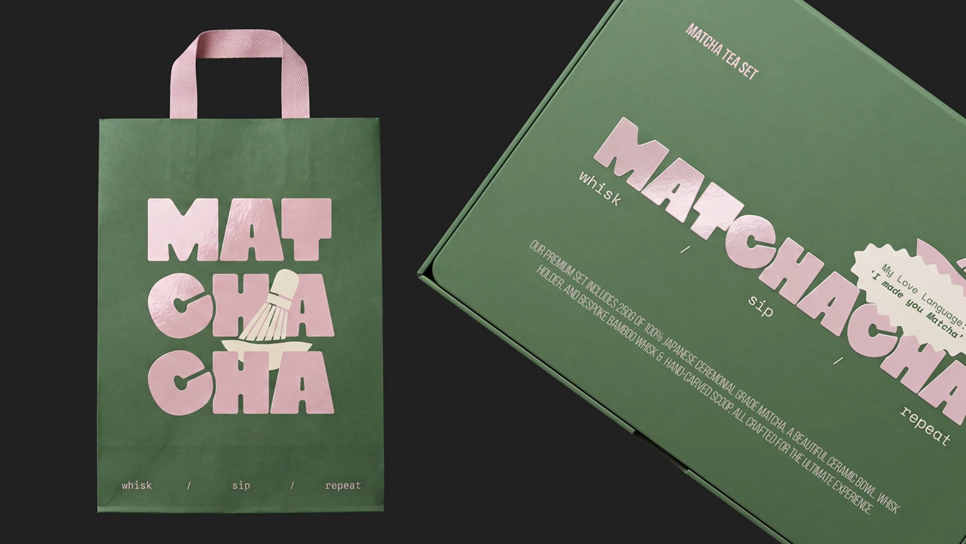 Matchacha branding tote bag and gift box with pink foil logo