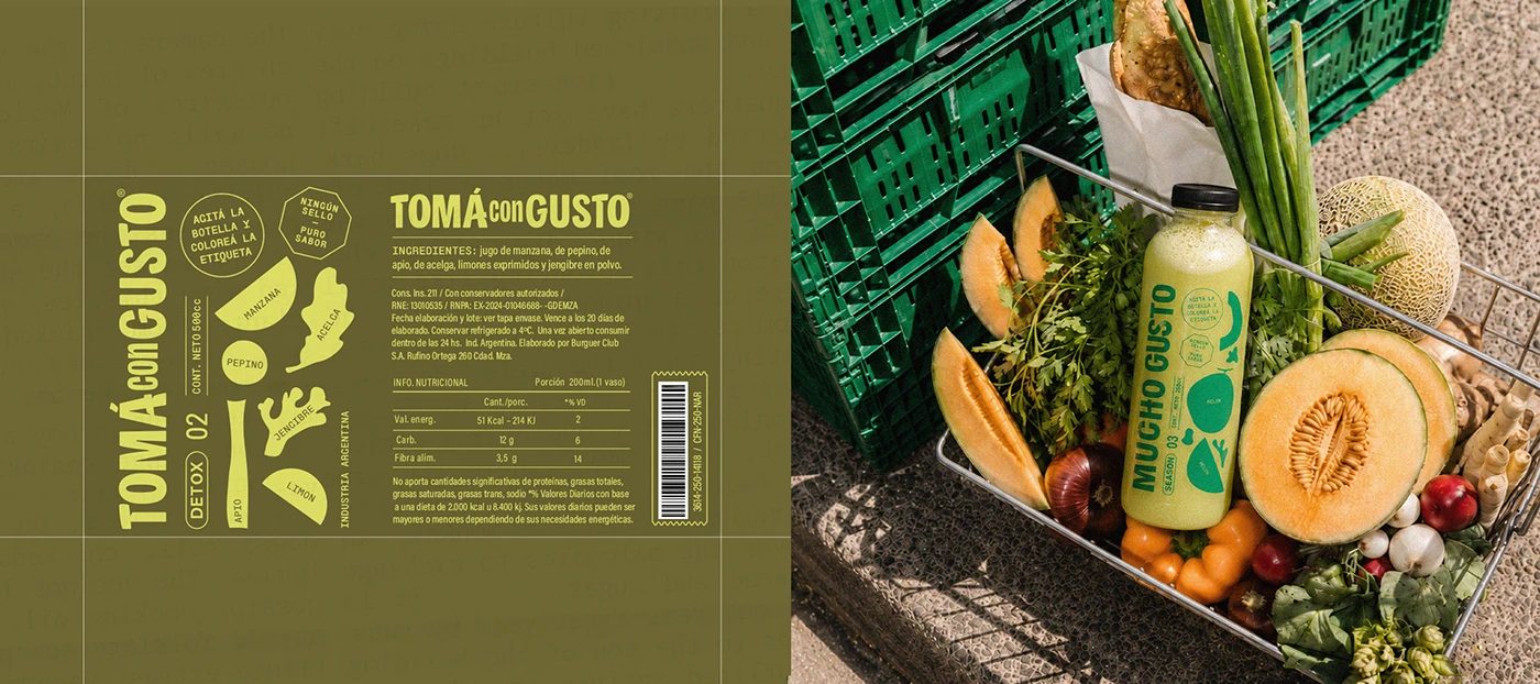 Mucho Gusto beverage branding flat label print layout and nutrition grid