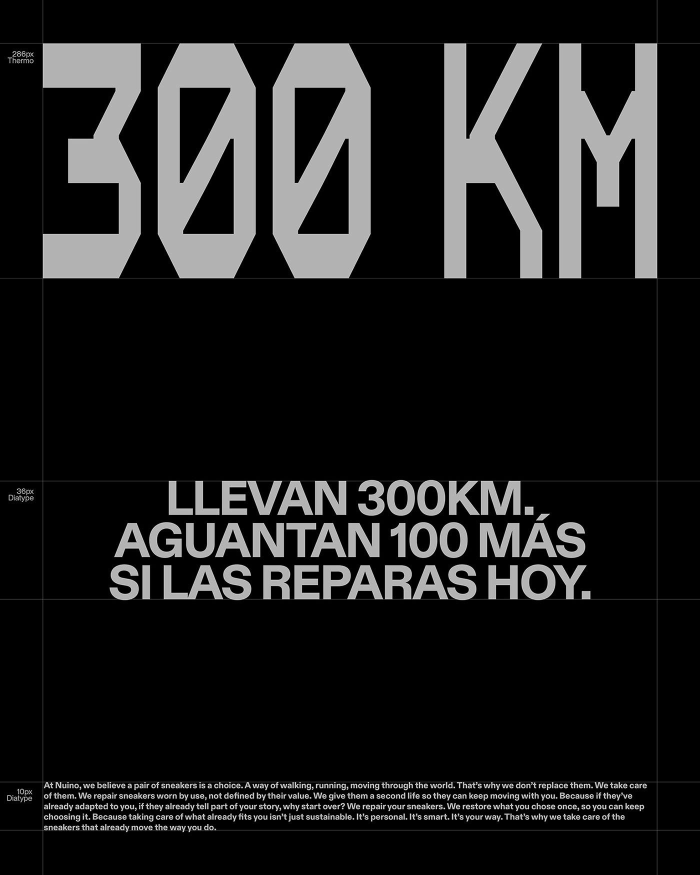 NUINO footwear repair branding black poster grid displaying 286px Thermo sans and Diatype manifesto