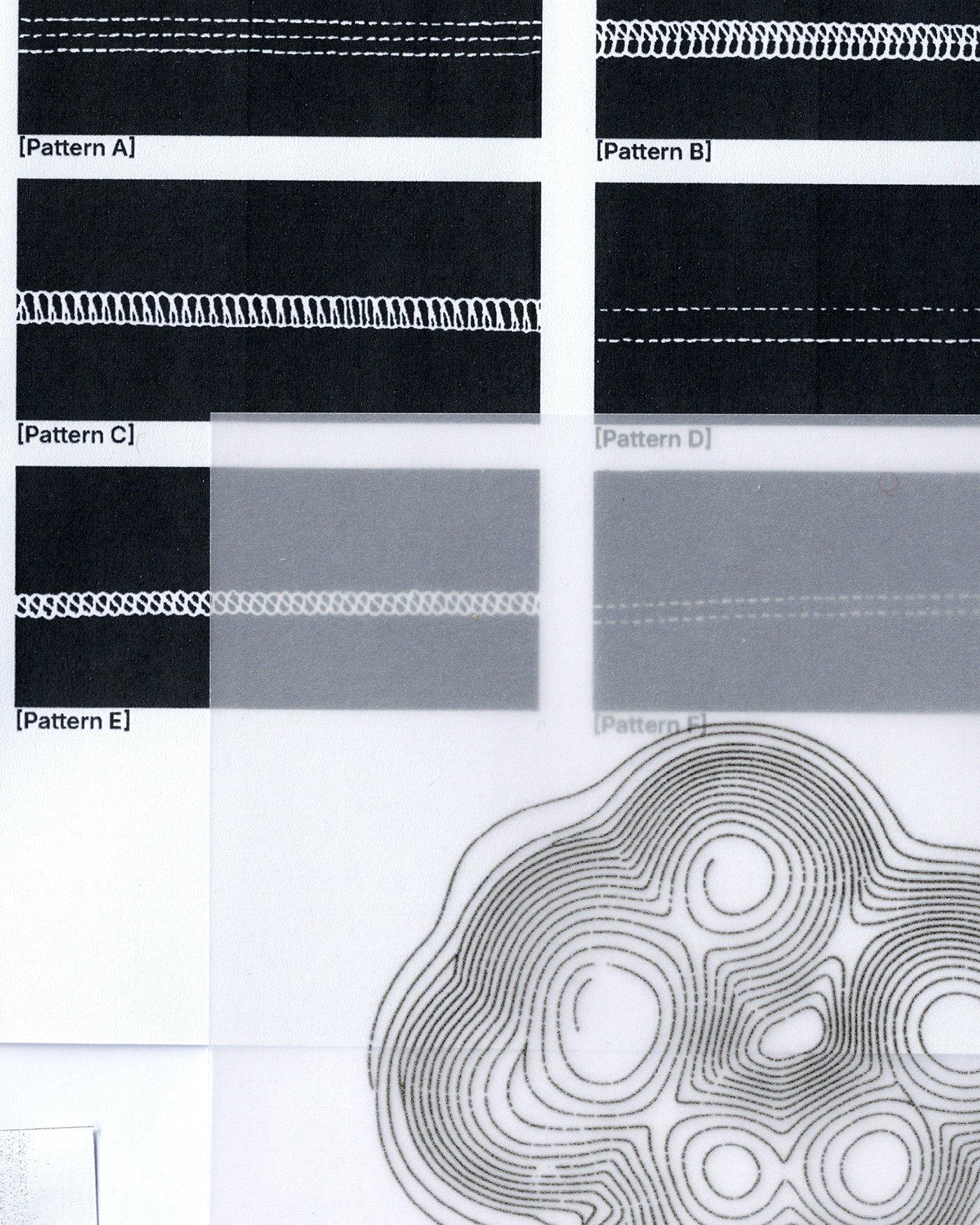 NUINO footwear repair branding stitching pattern specimen catalog with contour line tracing overlay