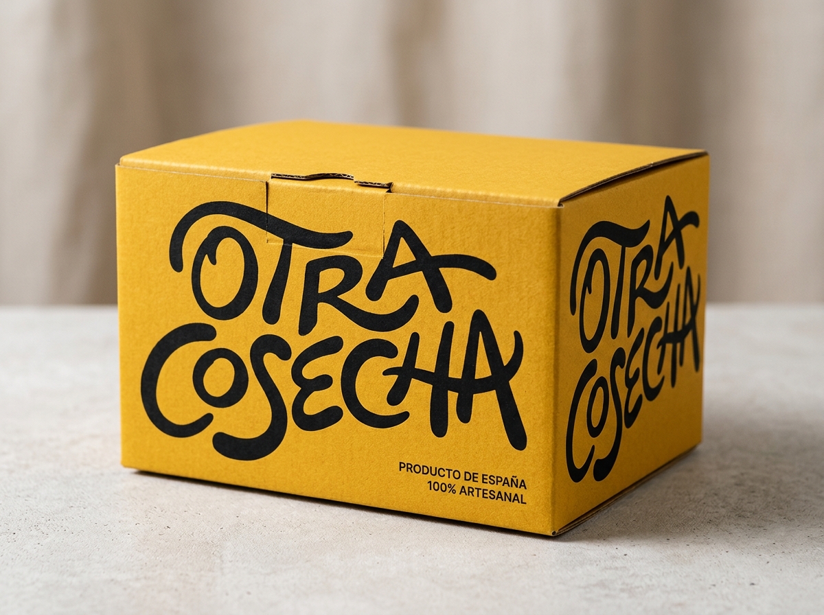 Closed mustard yellow box with black fluid pisco branding typography logo detail
