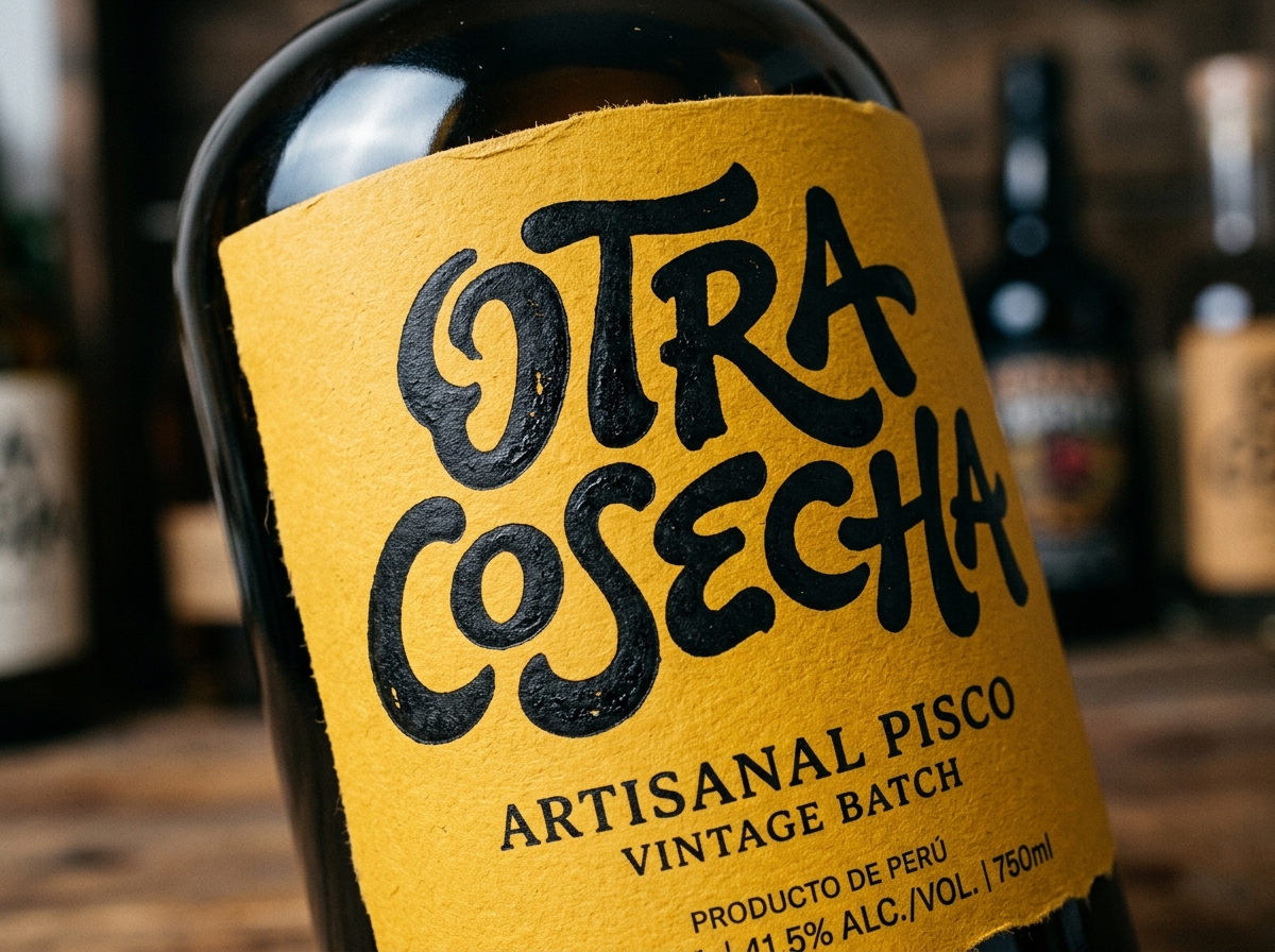 Detailed close up of custom fluid pisco branding typography on textured mustard yellow label