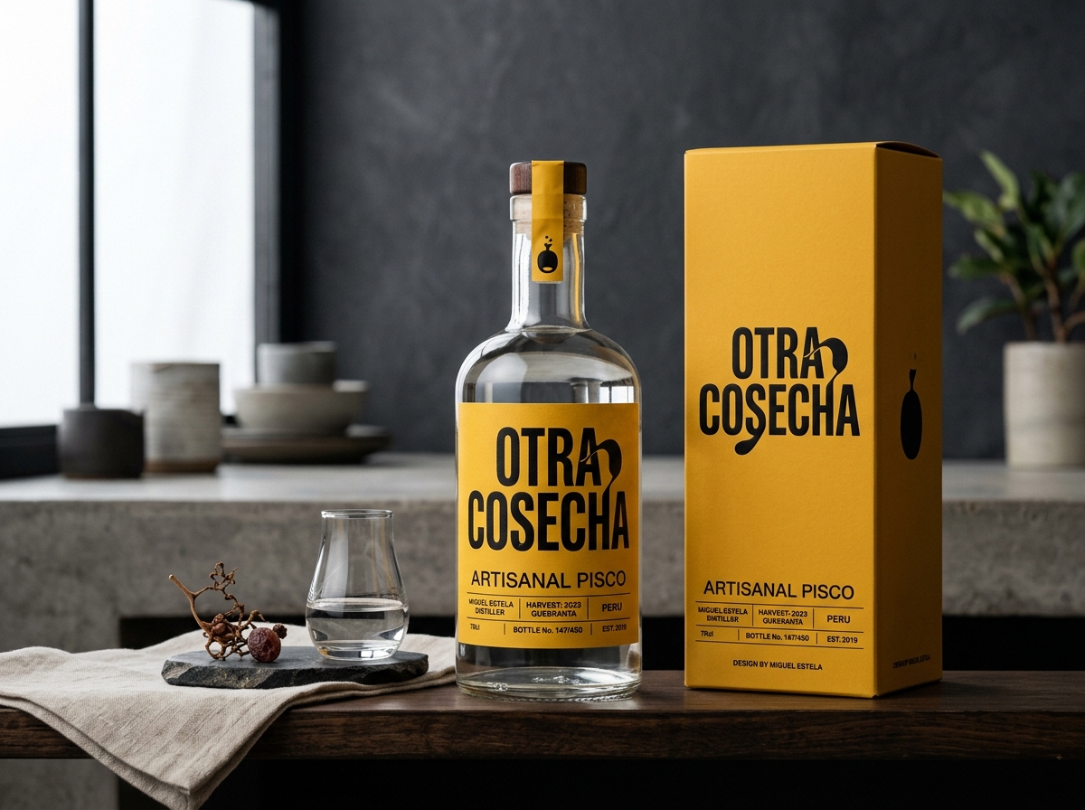 Minimalist pisco branding design mockup featuring mustard yellow label and black lettering