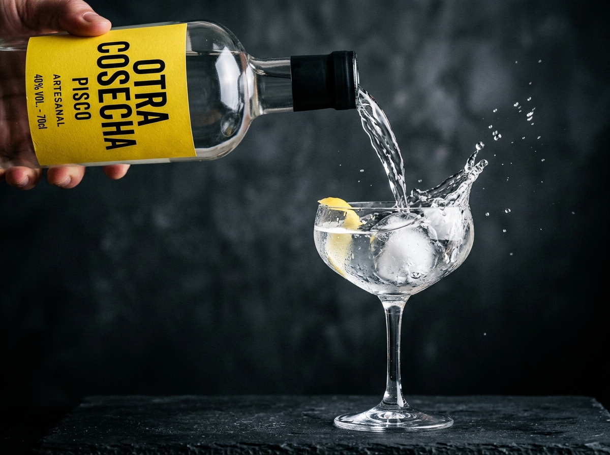 Close up action photo of pisco bottle pouring drink highlighting clear branding typography