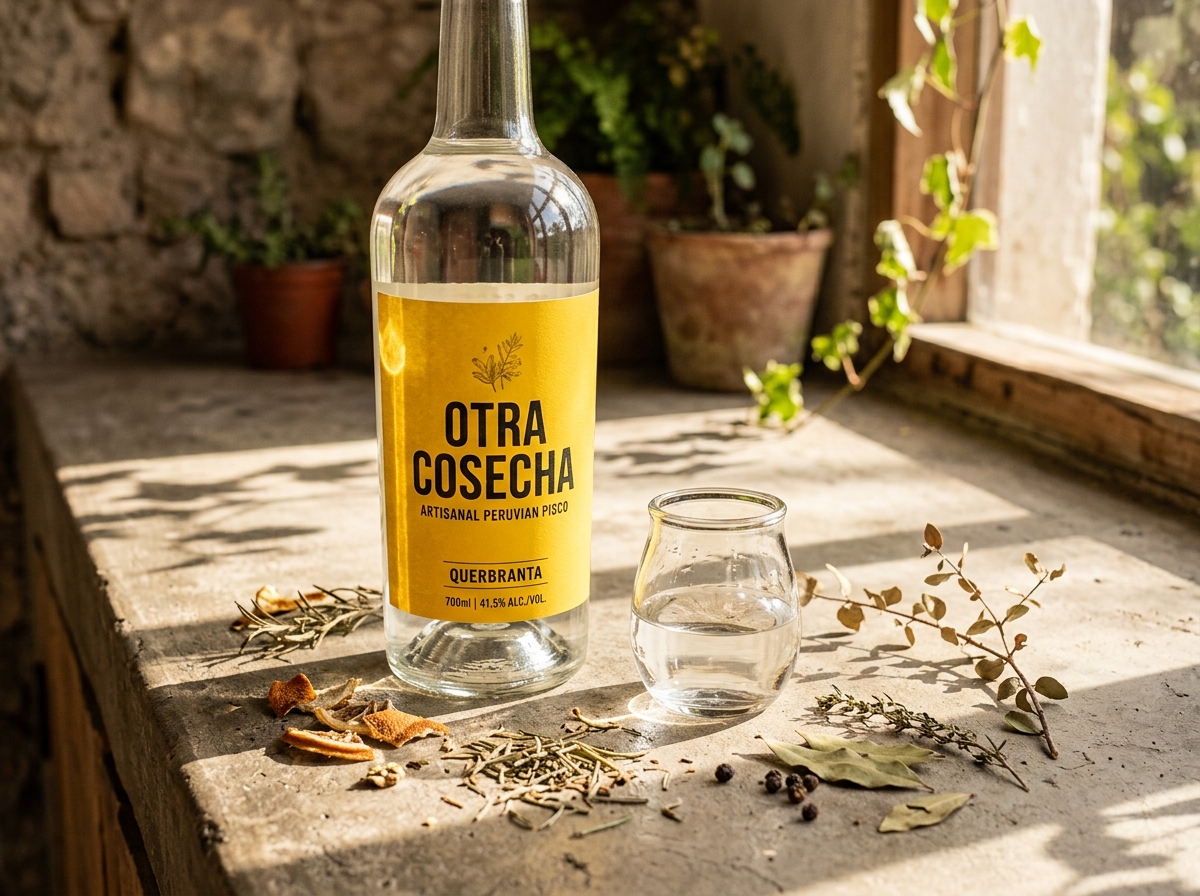 Atmospheric still life layout photo showcasing custom pisco branding design elements