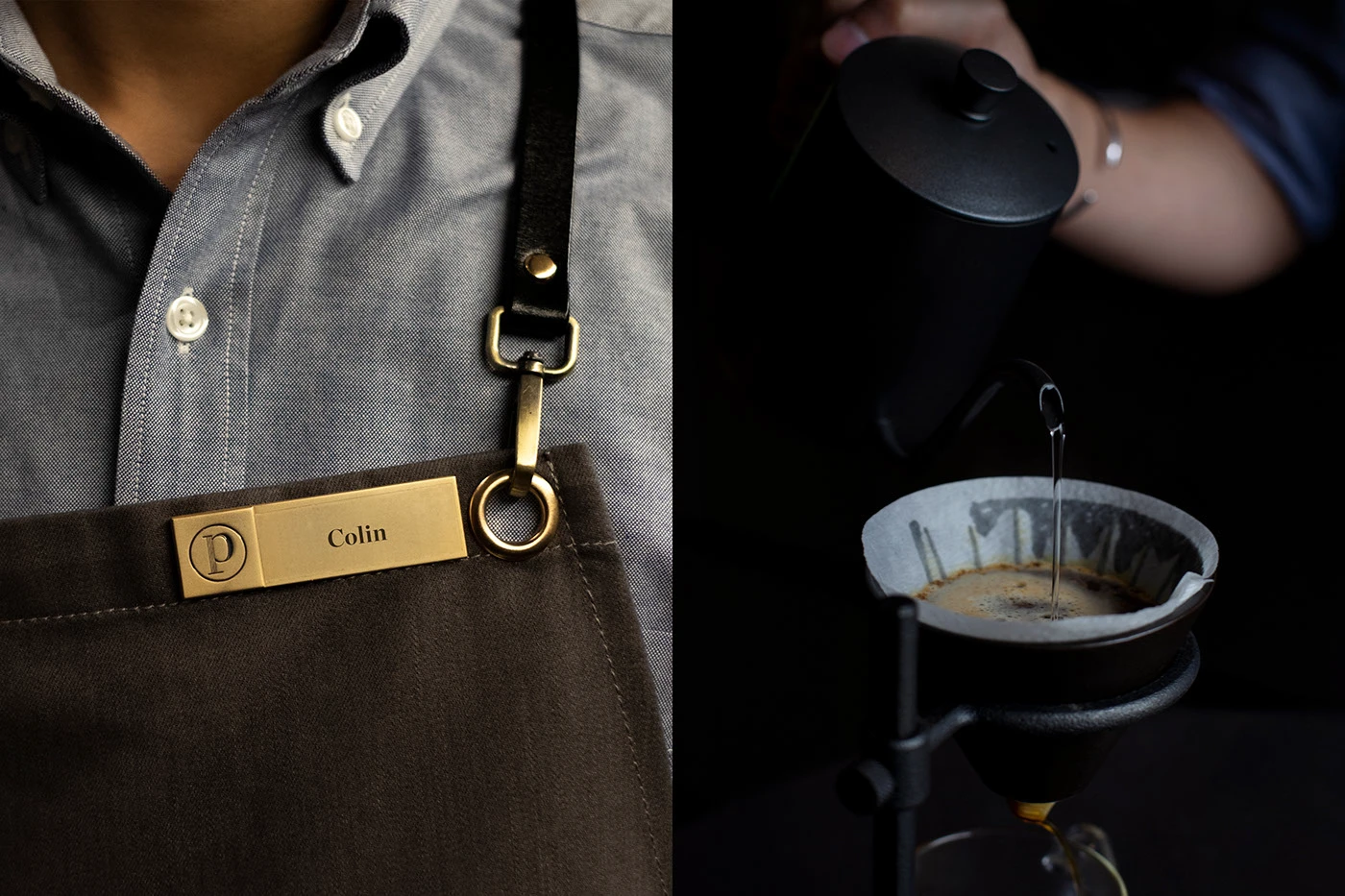 Page Common branding engraved brass barista name badge and pour over dripper