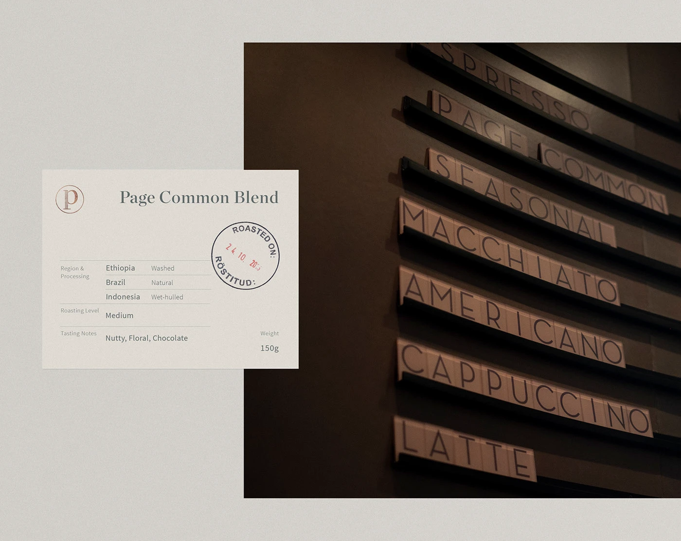Page Common branding roasting date stamp and wooden slat menu board