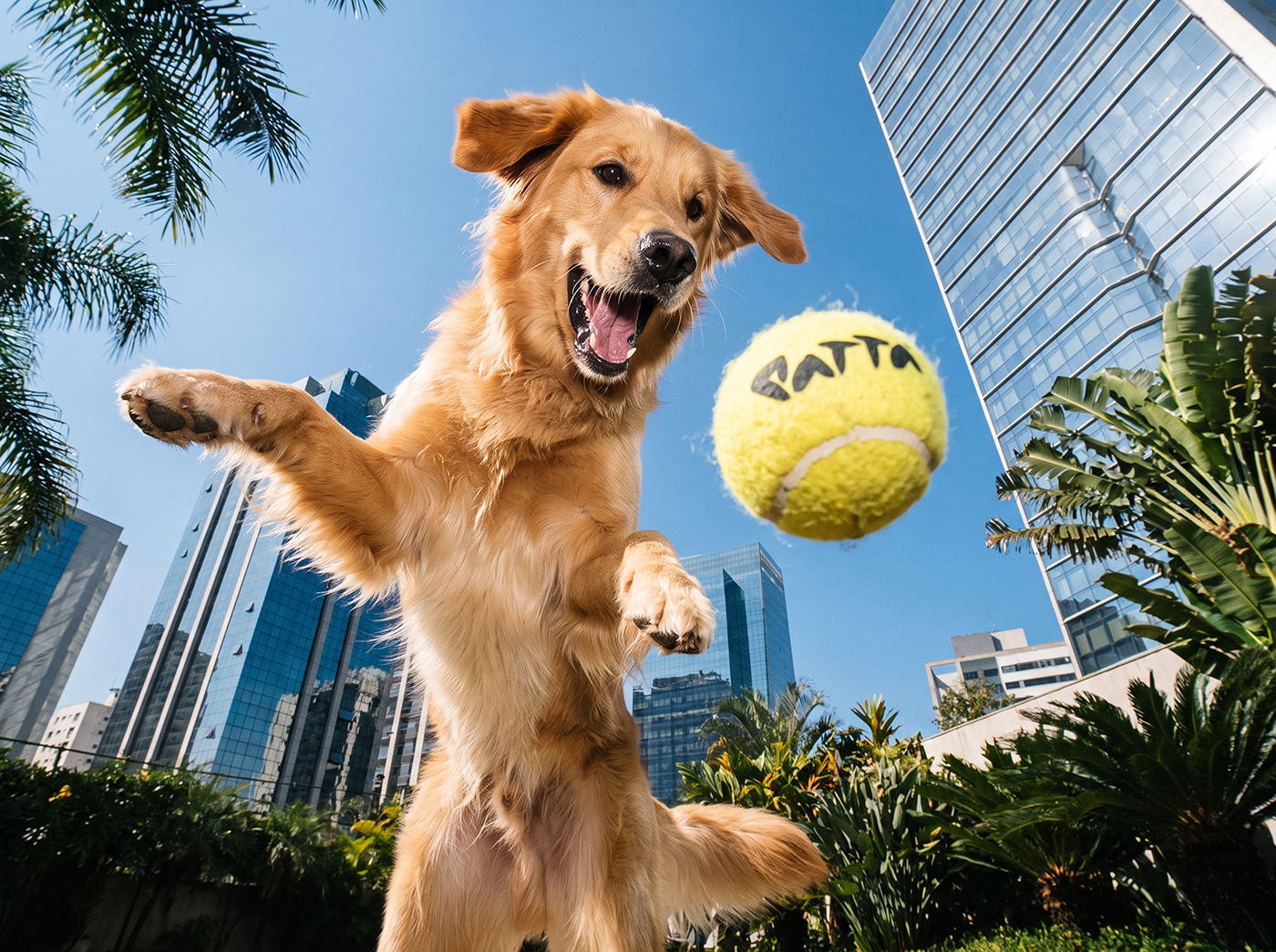 Golden Retriever dog jumping for PATTA branding tennis ball mid-air