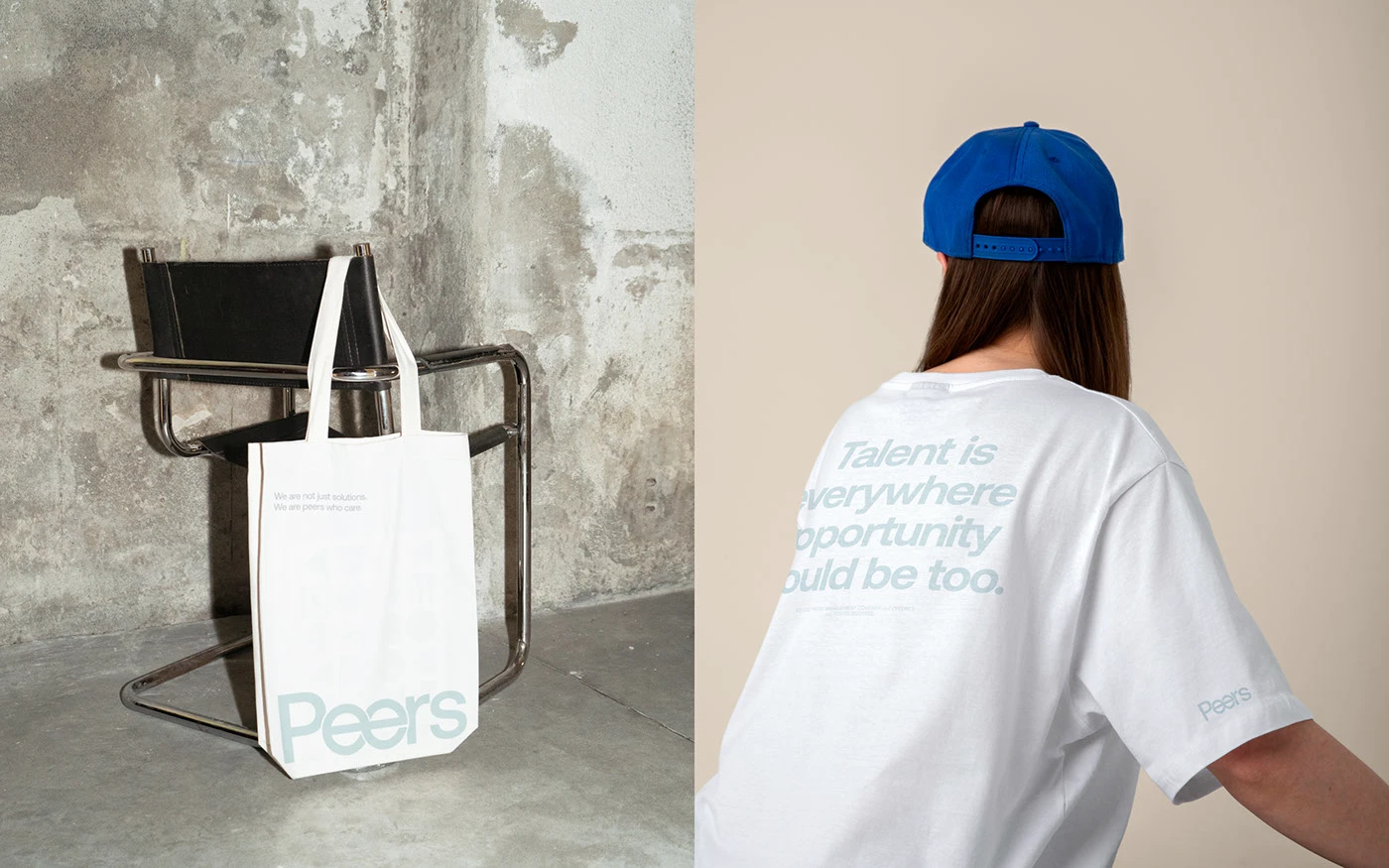 Peers branding tote bag and staff shirt apparel print