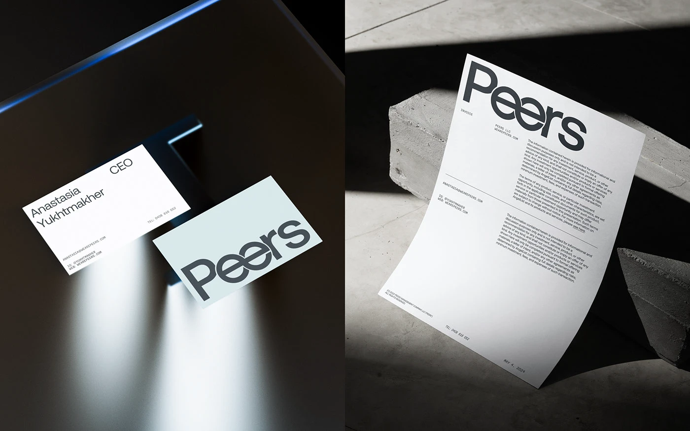 Peers branding stationery cards and invoice sheet with concrete shadows