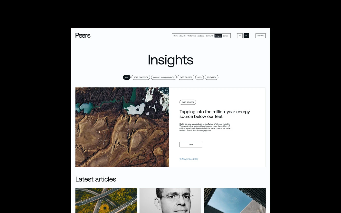 Peers branding editorial website layout and insights page