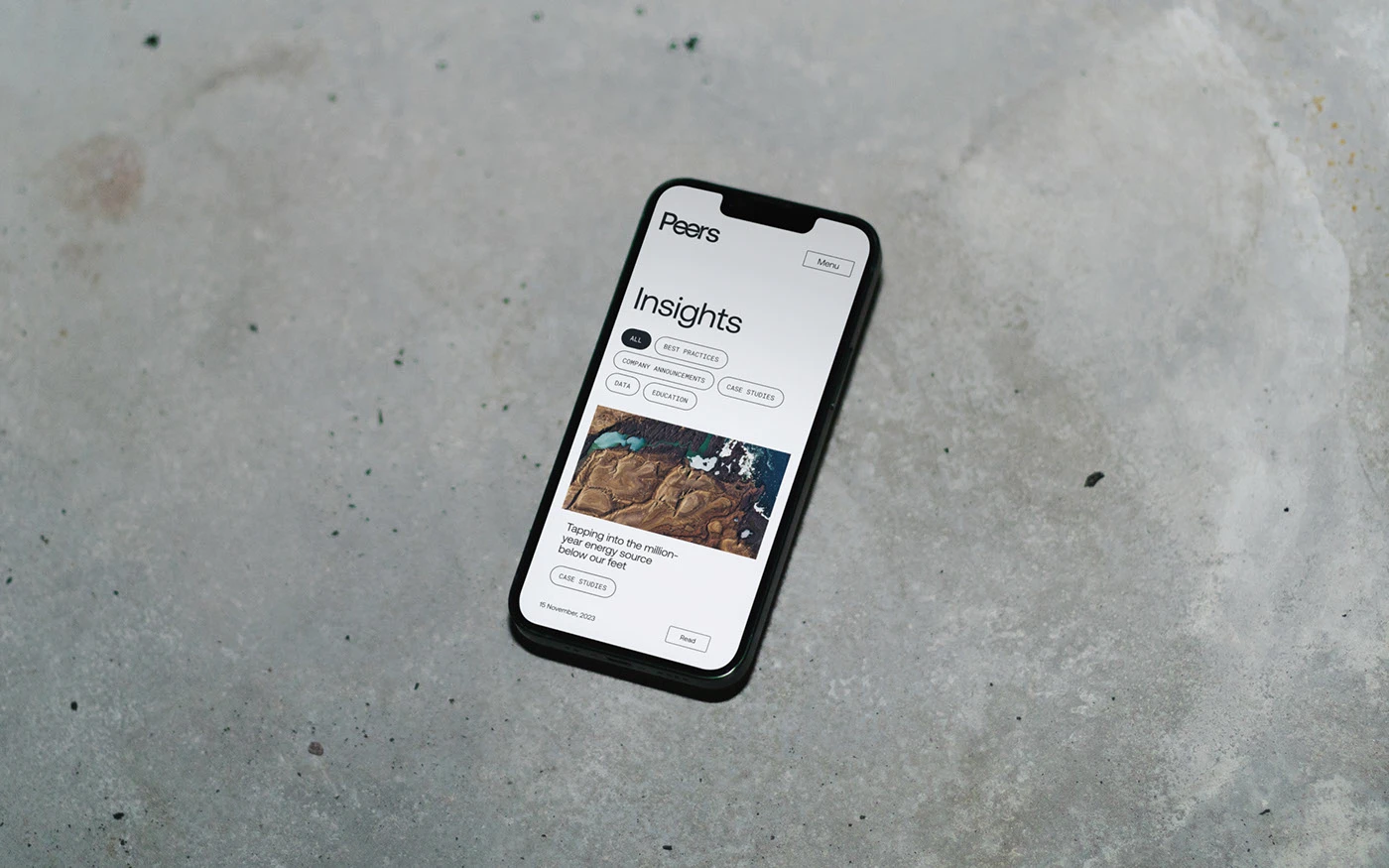 Peers branding mobile app layout on concrete texture