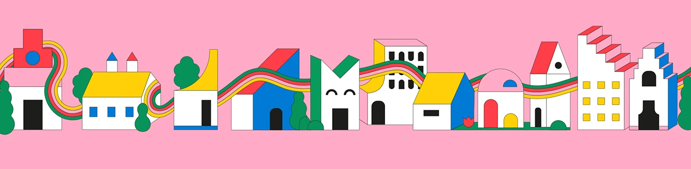 PLAYHOOD branding horizontal cityscape vector graphic