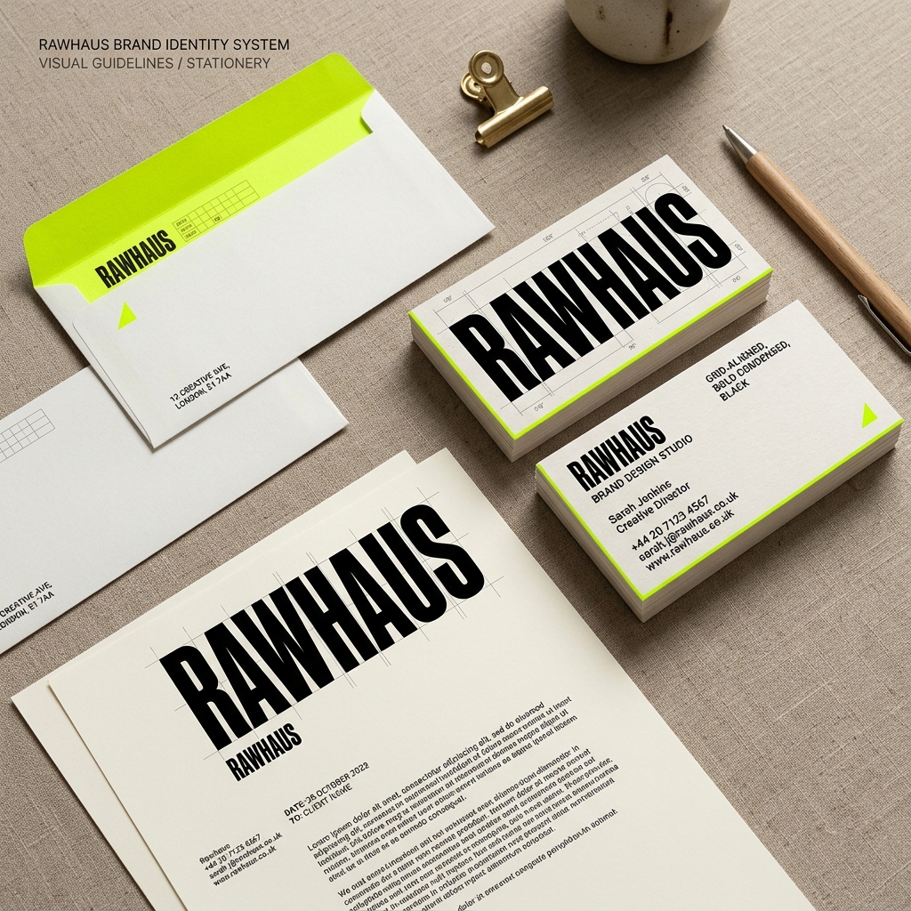 Set de papelería de la marca alimentaria Rawhaus con estructura de rejilla
