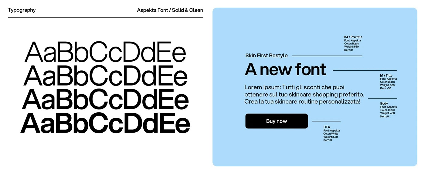 Aspekta type specimen board for Skin First