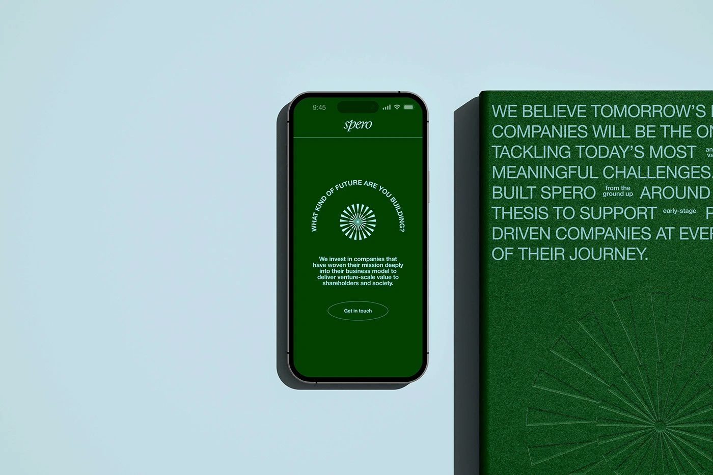 Spero Ventures branding mobile app screen and presentation book